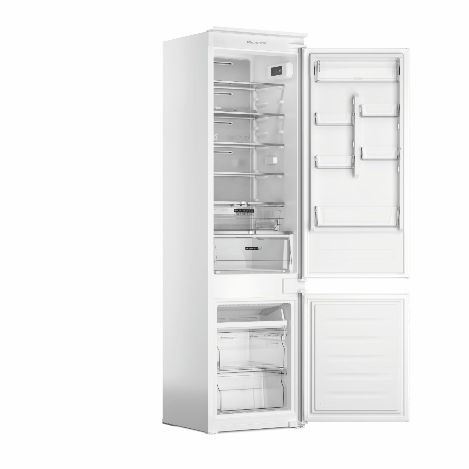 Un refrigerador blanco con las puertas abiertas, mostrando estantes, cajones y una máquina de hielo. Las puertas están abiertas, mostrando el interior.