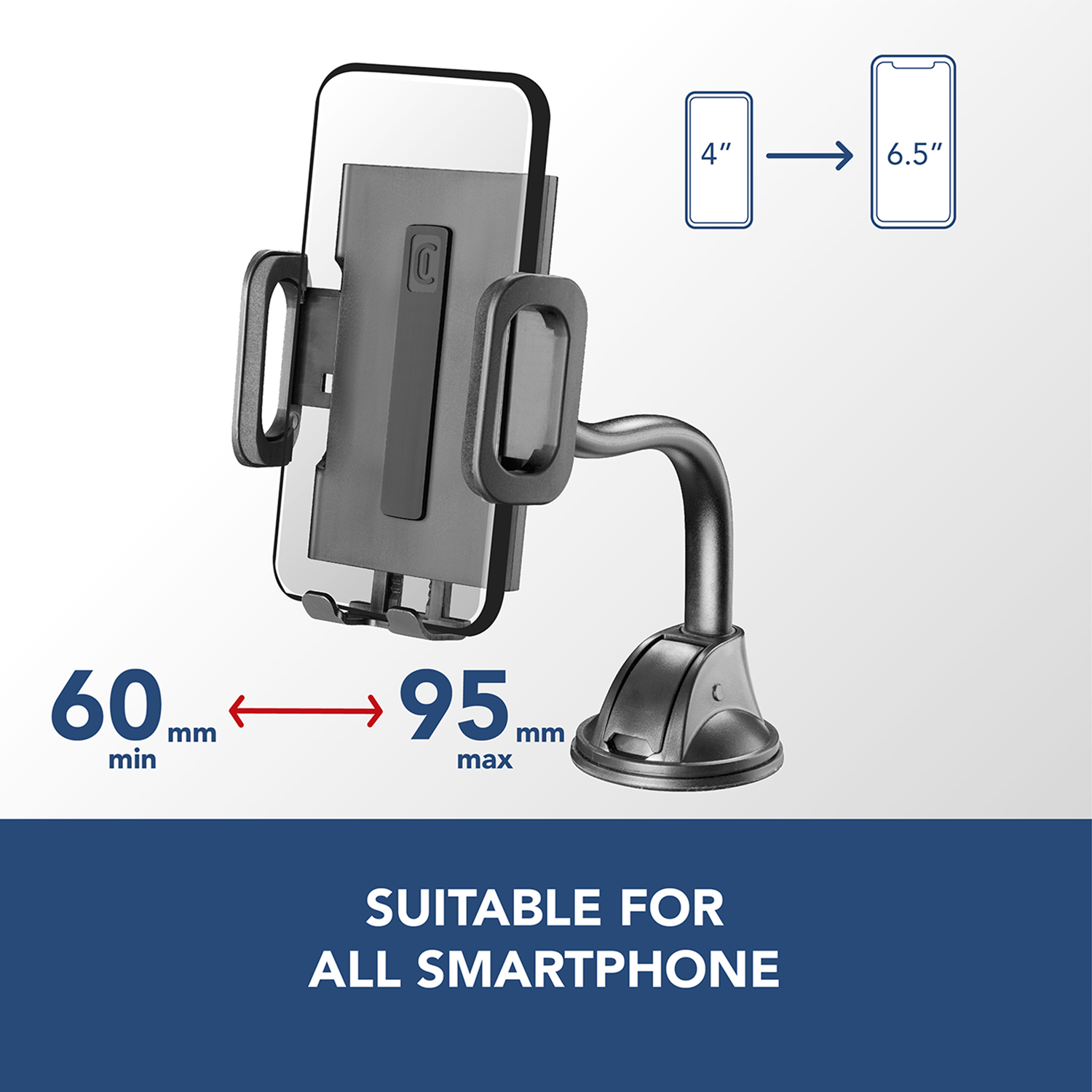 Un soporte para teléfono de coche con ventosa, apto para todos los smartphones. Muestra el rango de tamaño de 4" a 6.5" y dimensiones de 60 a 95 mm.