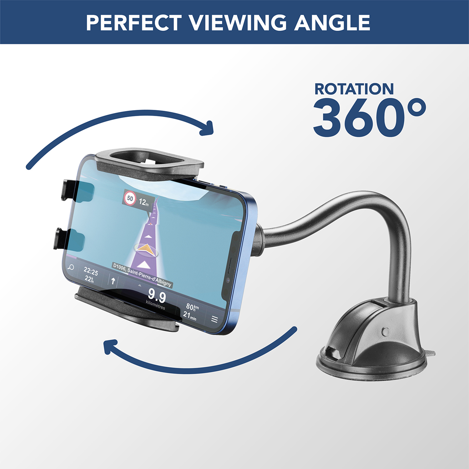 Soporte para teléfono en el coche con navegación. Flechas azules indican rotación 360. Texto: Ángulo de visión perfecto y rotación 360 grados.