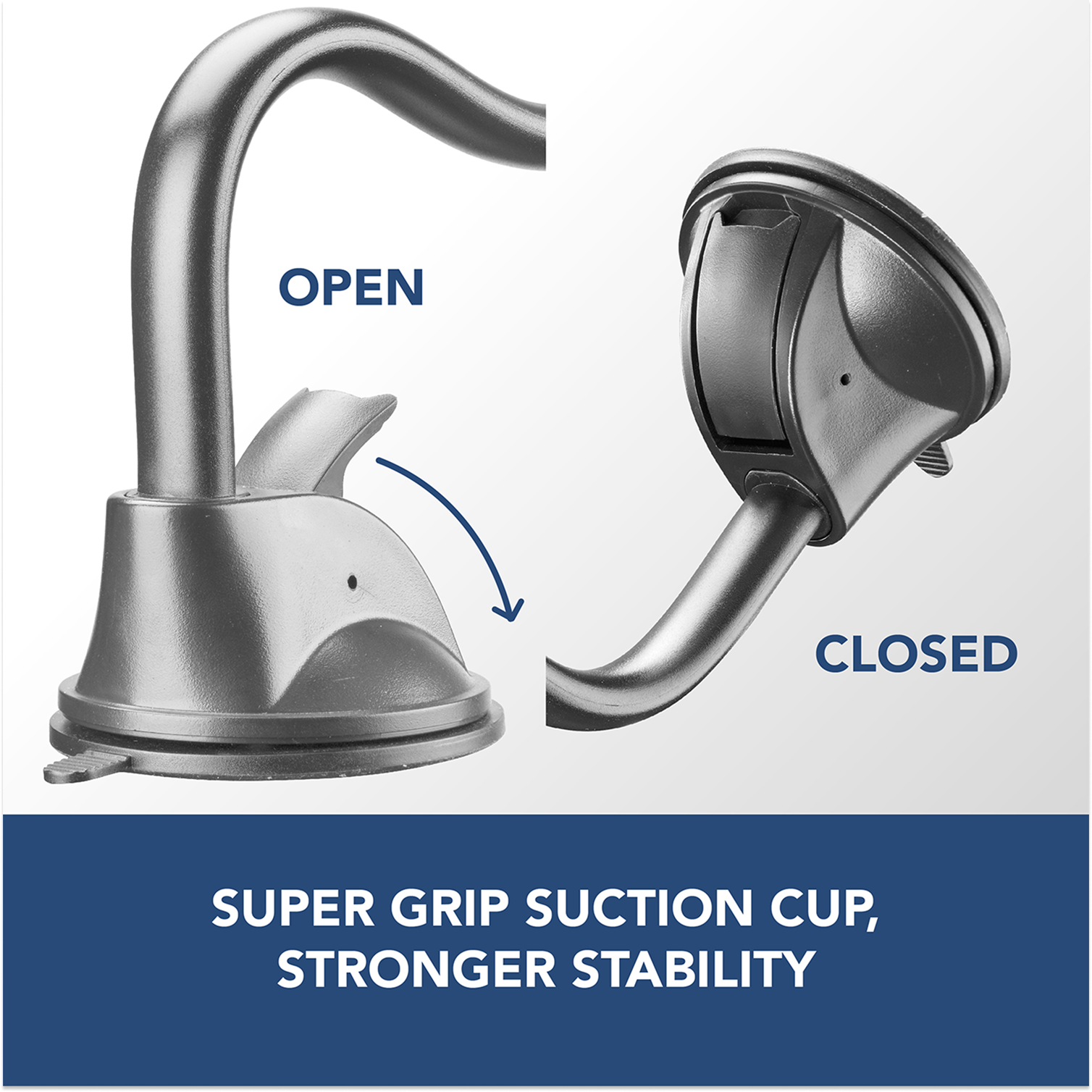 Dos ventosas grises, una abierta y otra cerrada. El texto en la parte inferior dice: Ventosa Super Grip, Mayor Estabilidad.
