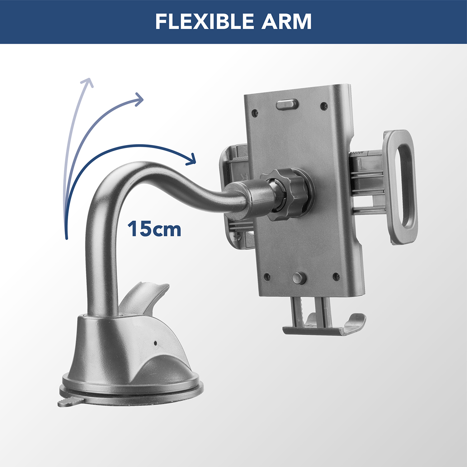 Un soporte de teléfono con brazo flexible gris. El brazo está curvado, unido a una base de ventosa y sujeta una cuna para teléfono.