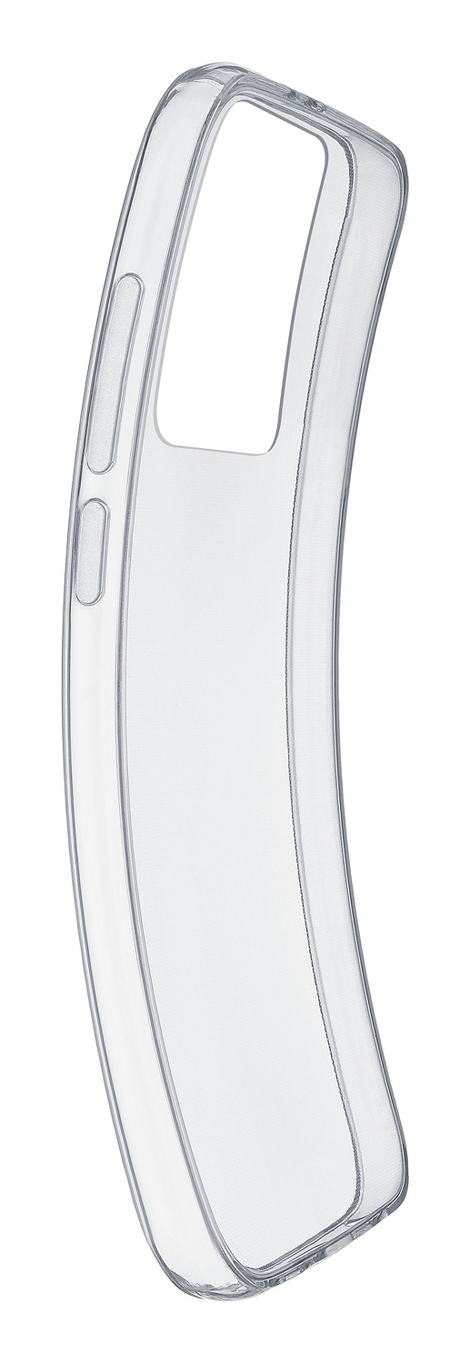 Funda de teléfono transparente y curvada. Cuenta con dos botones laterales y un recorte para la cámara. El fondo es blanco.