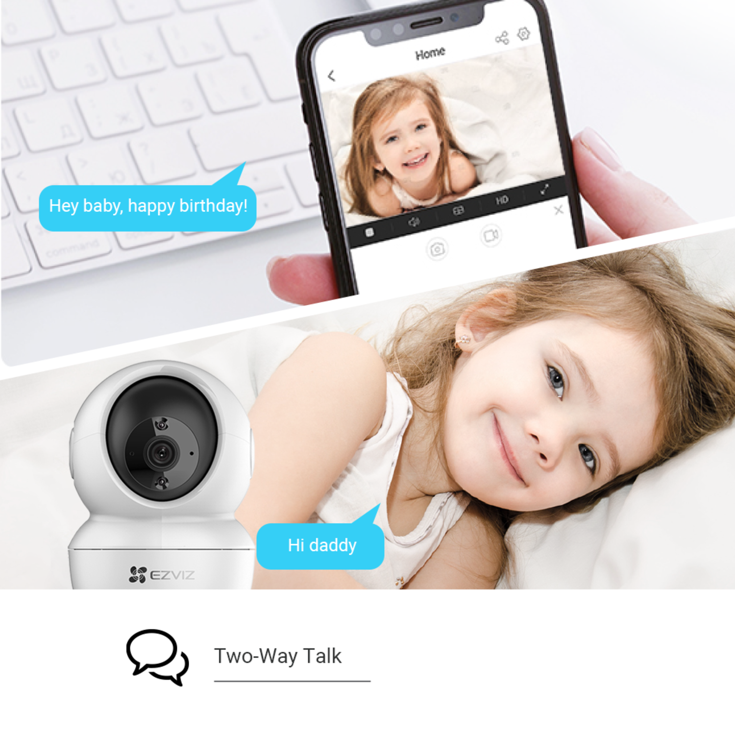A girl smiles on a phone screen. A camera and a keyboard are also visible. Text bubbles say 'Hey baby, happy birthday!' and 'Hi daddy'.