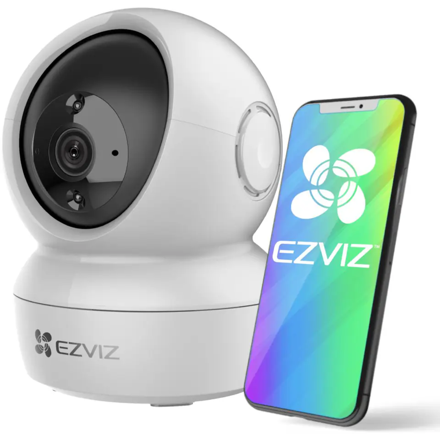 White EZVIZ security camera and smartphone showing the EZVIZ logo. Camera is spherical. Phone has a colorful background.