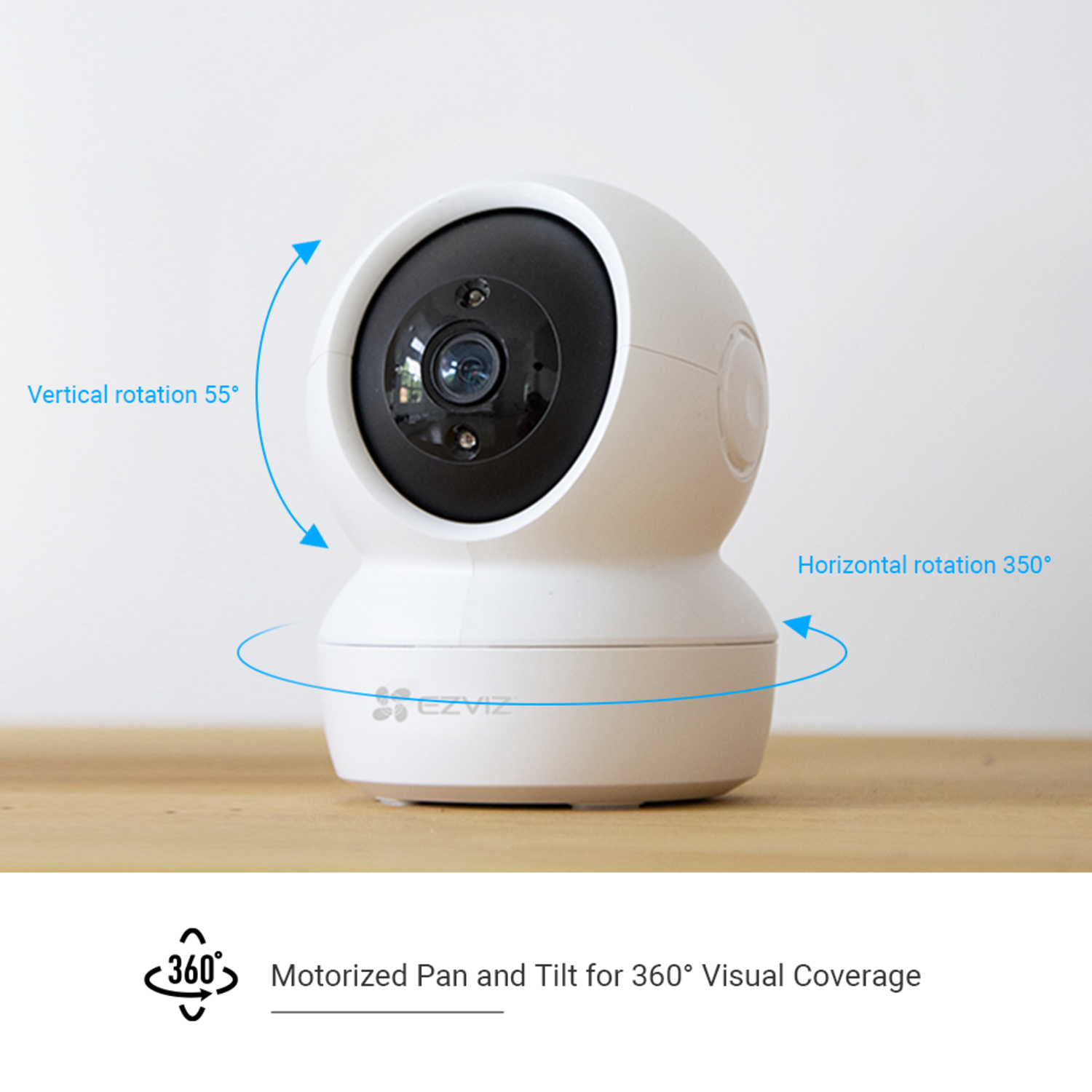 White EZVIZ security camera with a 360-degree view. Shows vertical and horizontal rotation angles. Text: Motorized Pan and Tilt for 360° Visual Coverage.