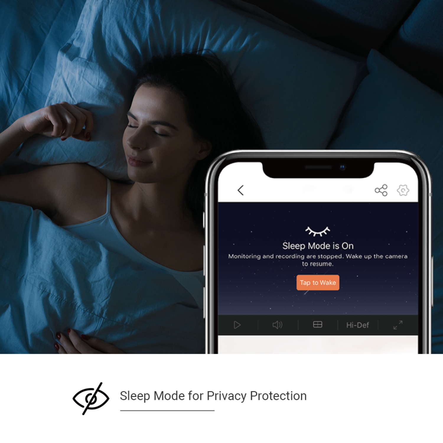 A woman sleeps in bed, a phone displays 'Sleep Mode is On'. The phone interface shows options. The text at the bottom reads 'Sleep Mode'.