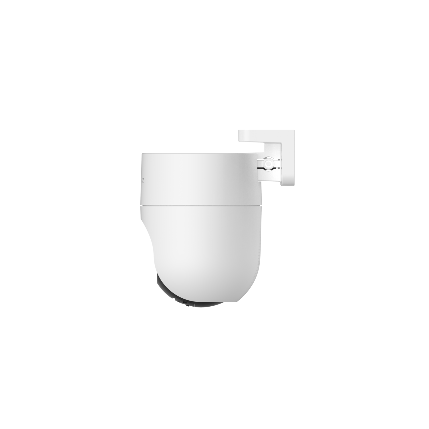 A white security camera with a rounded bottom, mounted on a white bracket, against a black background.