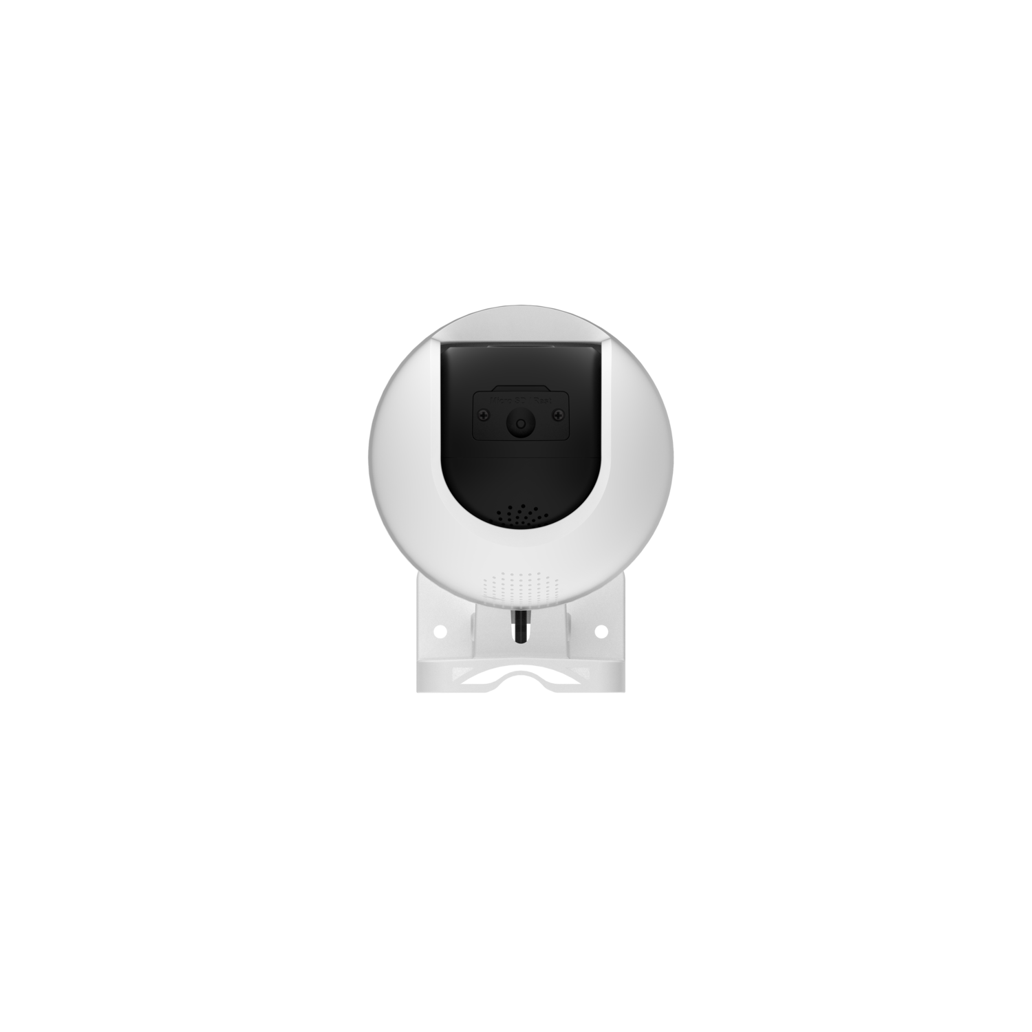A white security camera with a black lens and a black background. The camera is mounted on a white base.