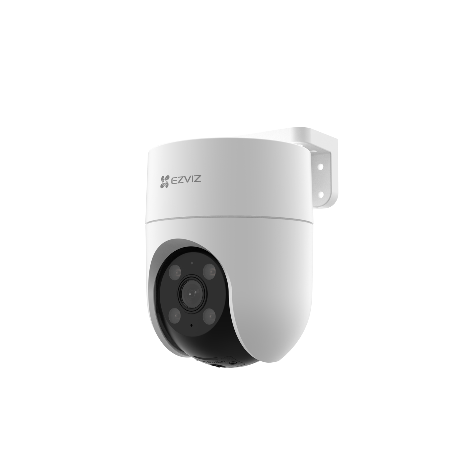 A white EZVIZ security camera with a black lens, mounted on a white bracket, against a black background.