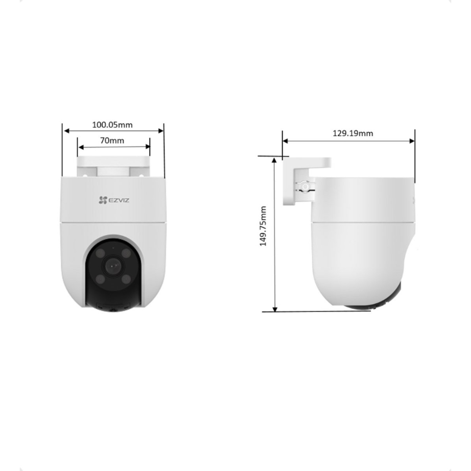 Two white EZVIZ security cameras with size measurements. One shows front, the other side view. Both are on a white background.