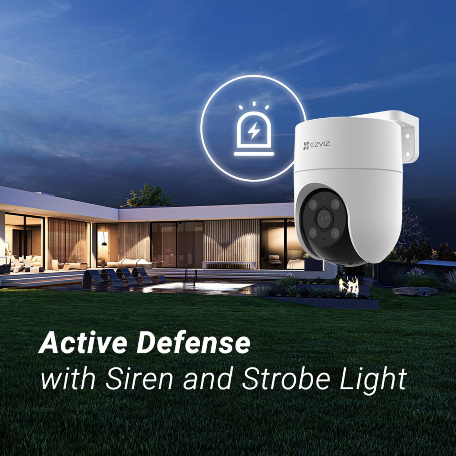 A security camera is over a lawn. Text reads 'Active Defense with Siren and Strobe Light.' A house is in the background.
