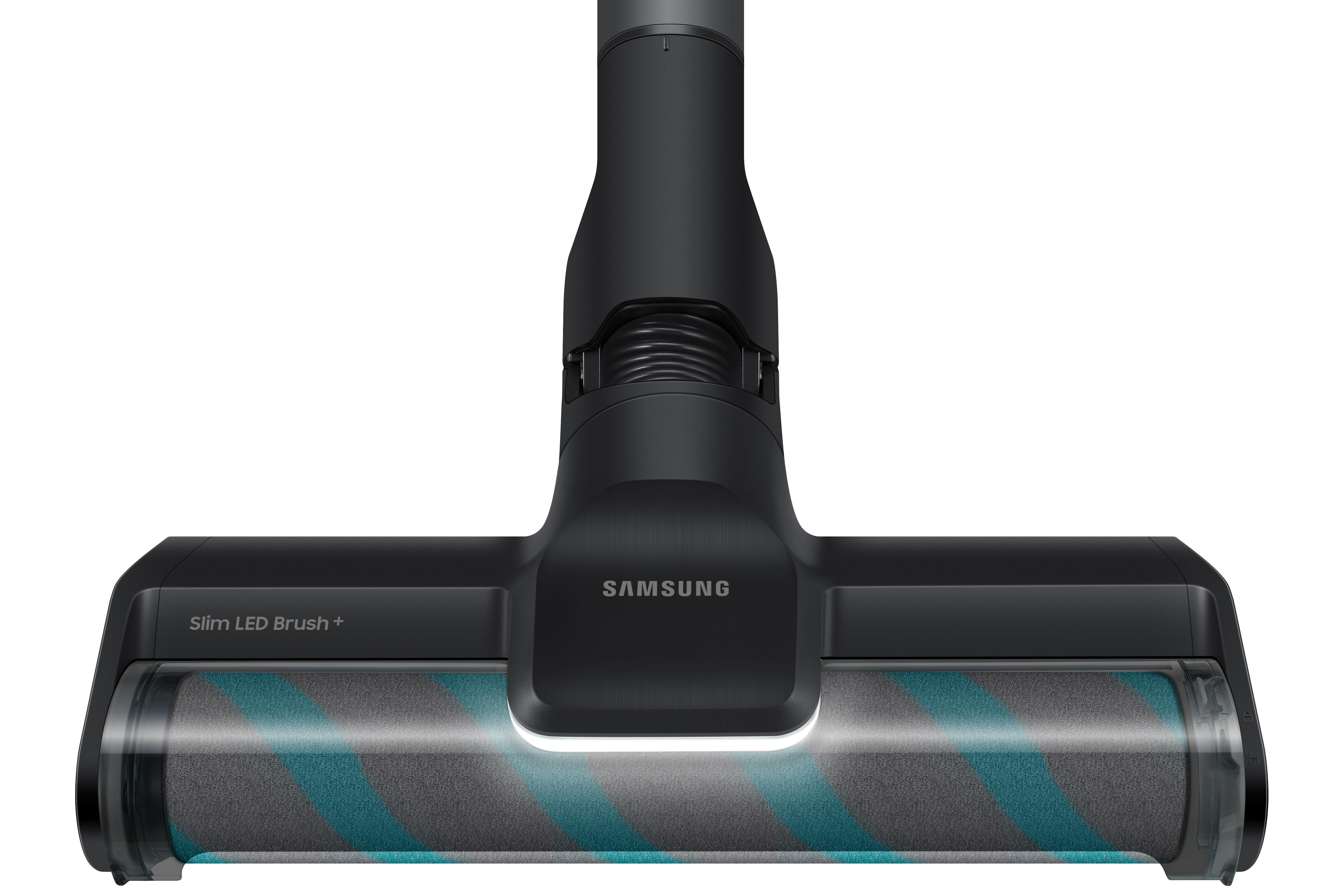 Schwarzer Samsung-Staubsaugerkopf. Er hat eine Walzenbürste mit teal- und grauen Streifen und weißem LED.