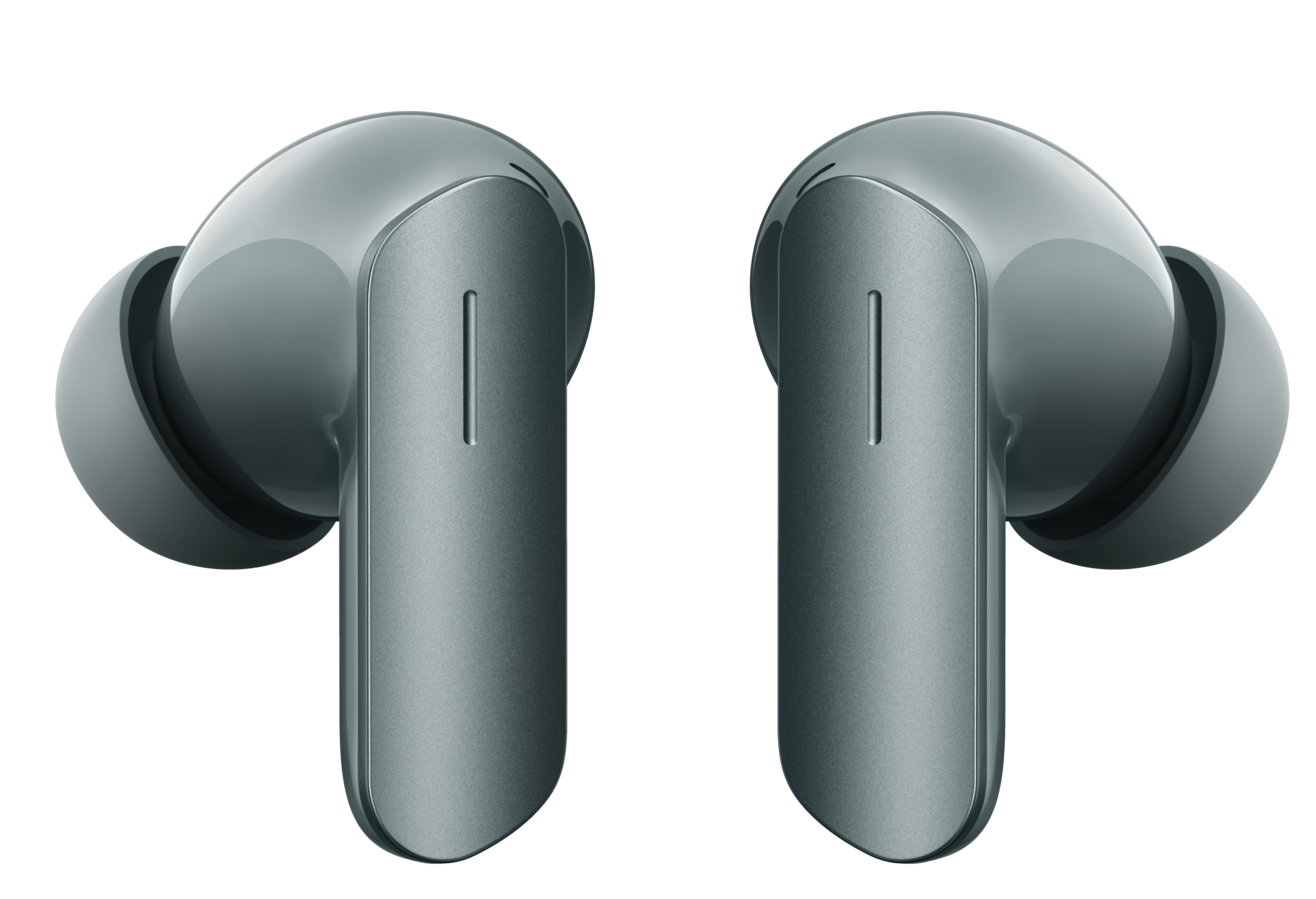 Dwa szare bezprzewodowe słuchawki. Każdy ma długą, prostokątną nóżkę z błyszczącą, zaokrągloną główką.