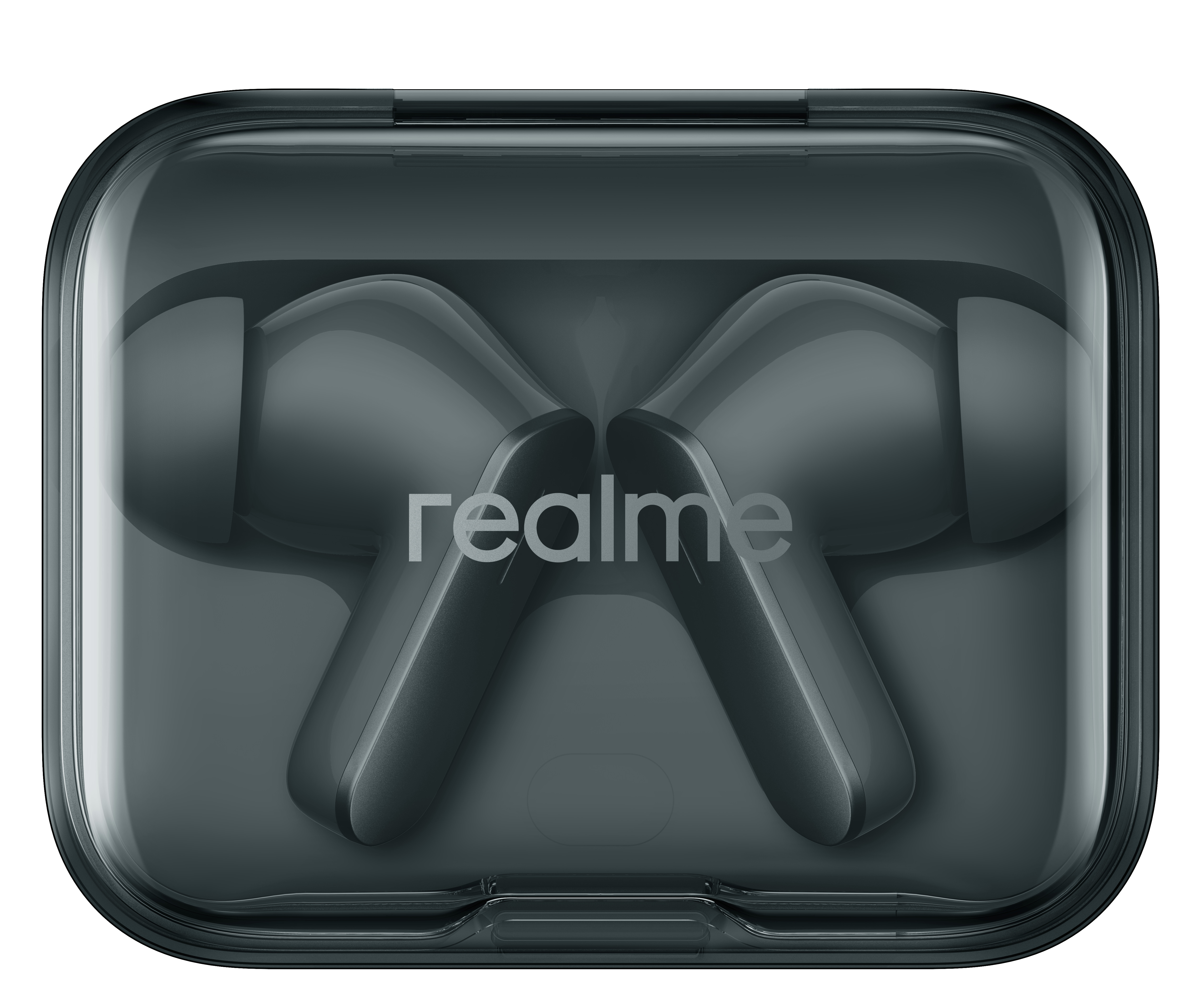 Ciemnoszare słuchawki Realme w przezroczystym etui. Etui prostokątne z zaokrąglonymi rogami. Logo Realme pośrodku.