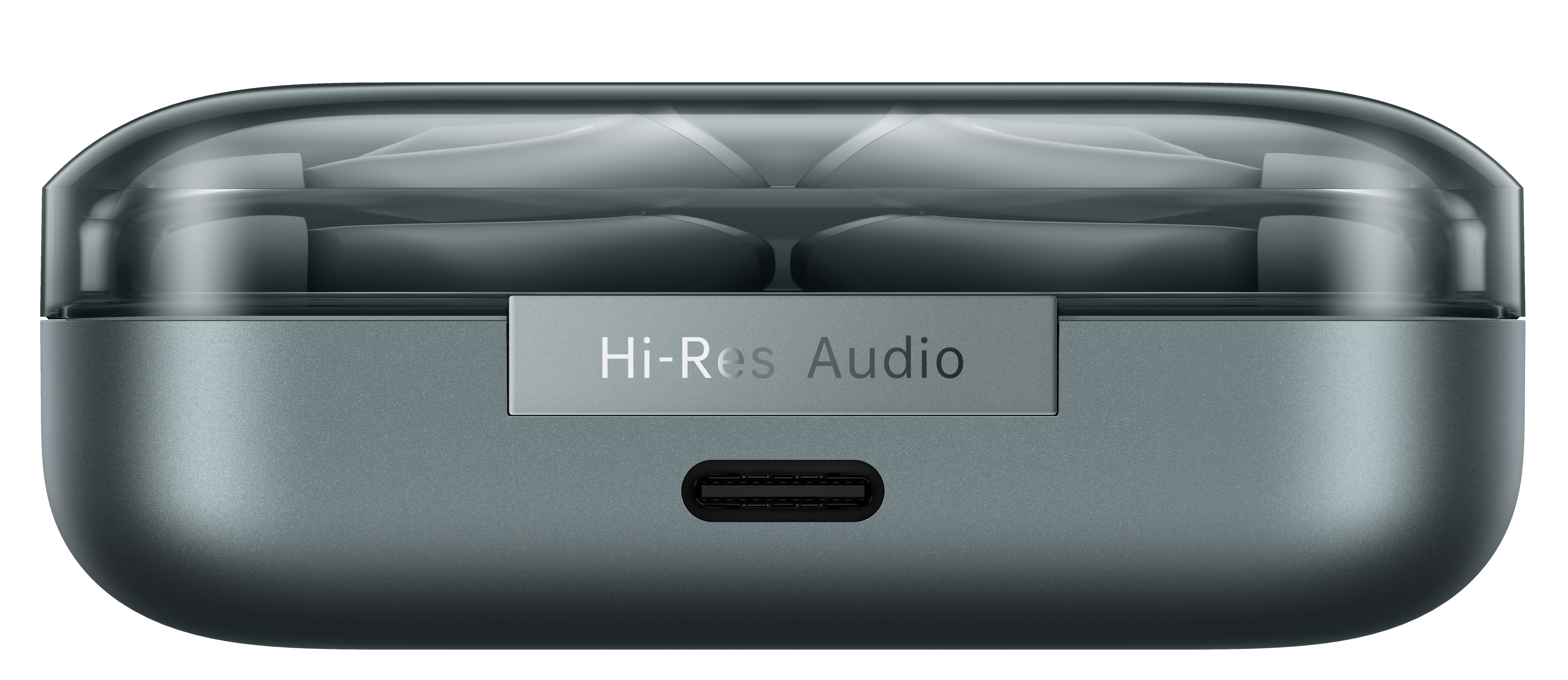 Szare etui ładujące do słuchawek z przezroczystym wierzchem, mieszczące dwie słuchawki. Etui posiada etykietę Hi-Res Audio i port ładowania.