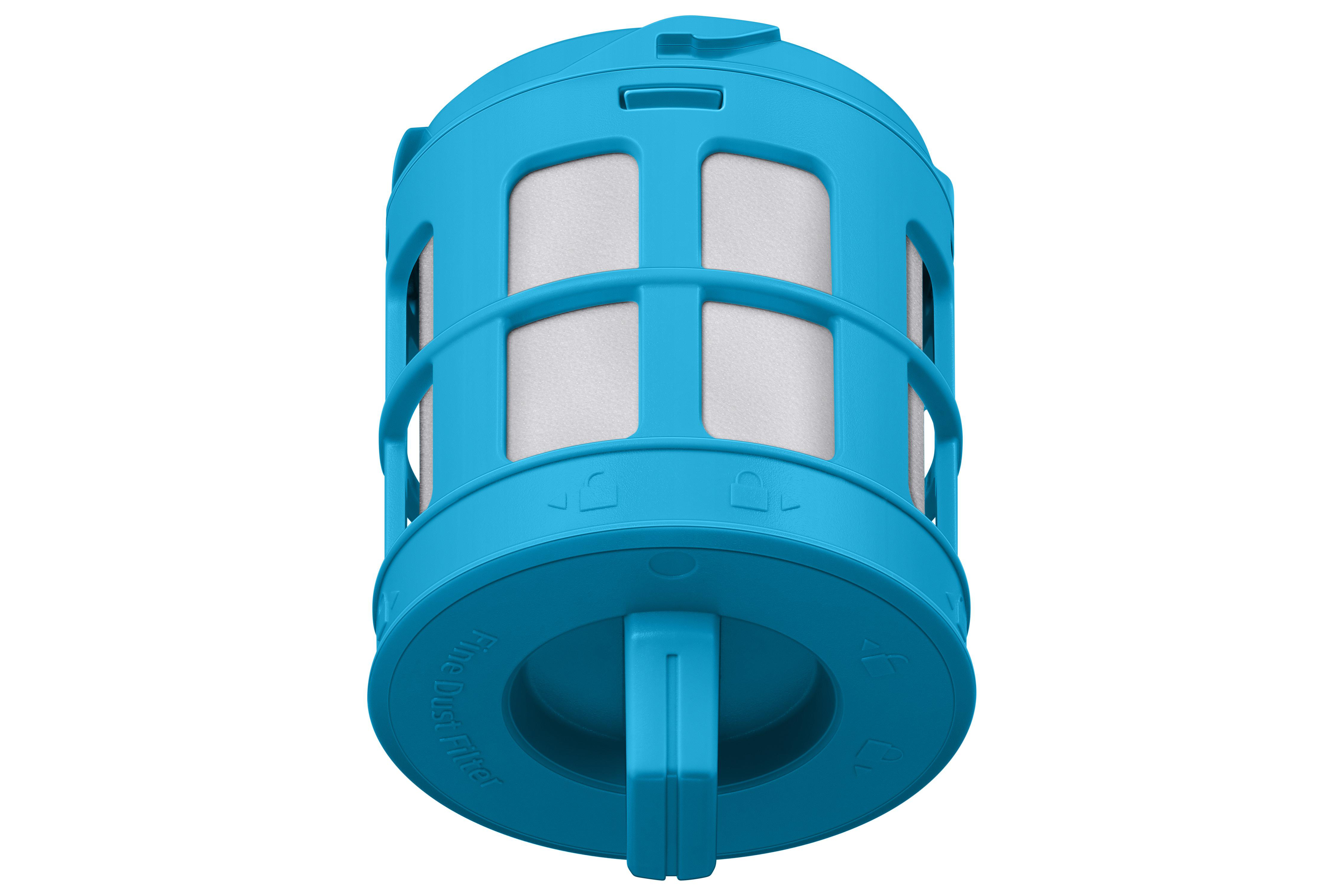 Ein blauer Feinstaubfilter für einen Staubsauger vor weißem Hintergrund. Er hat eine zylindrische Form.