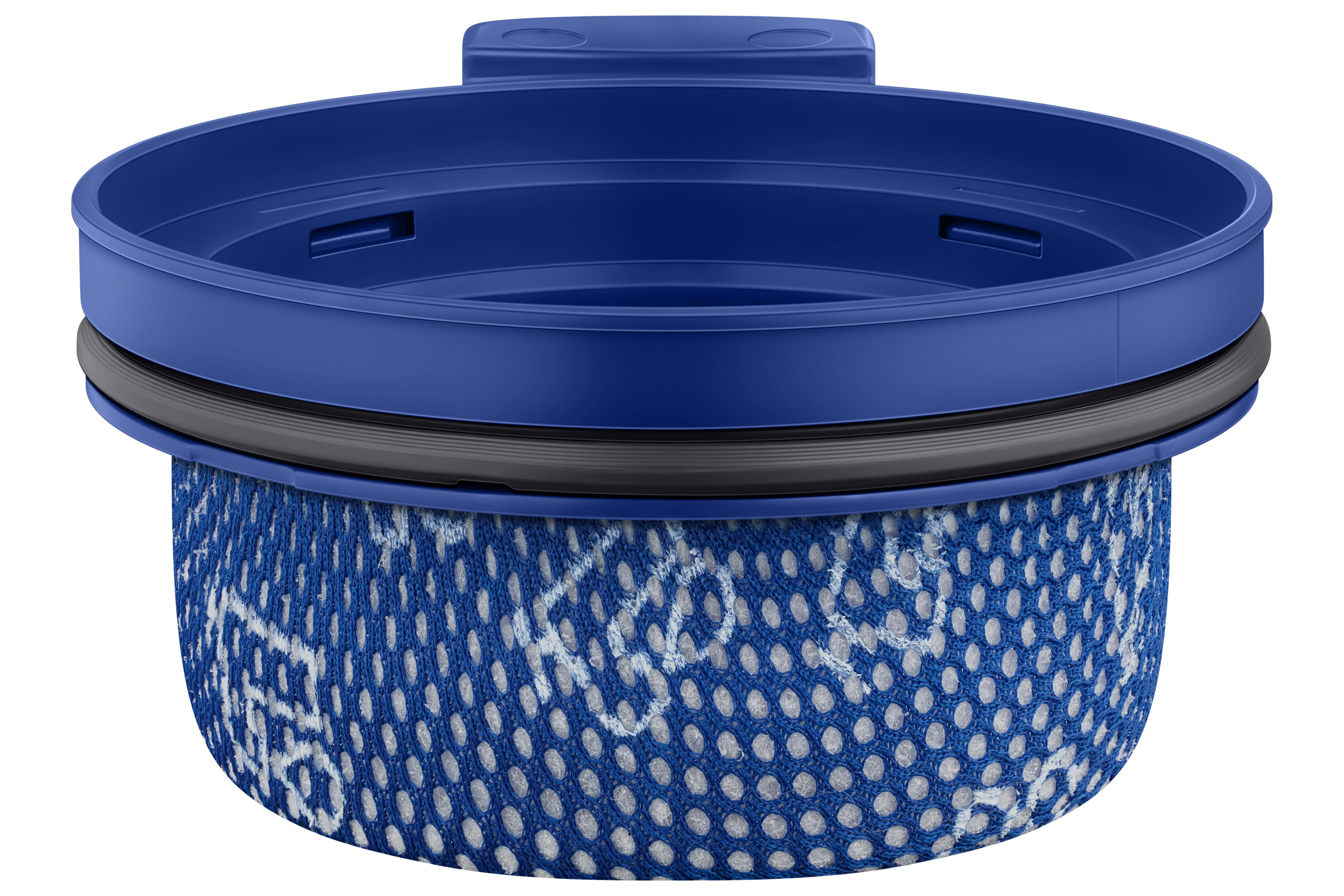 Ein blauer Staubsaugerfilter mit dunklem Rand. Es hat ein Mesh-Design mit weißen Mustern. Die Oberseite ist ebenfalls blau.