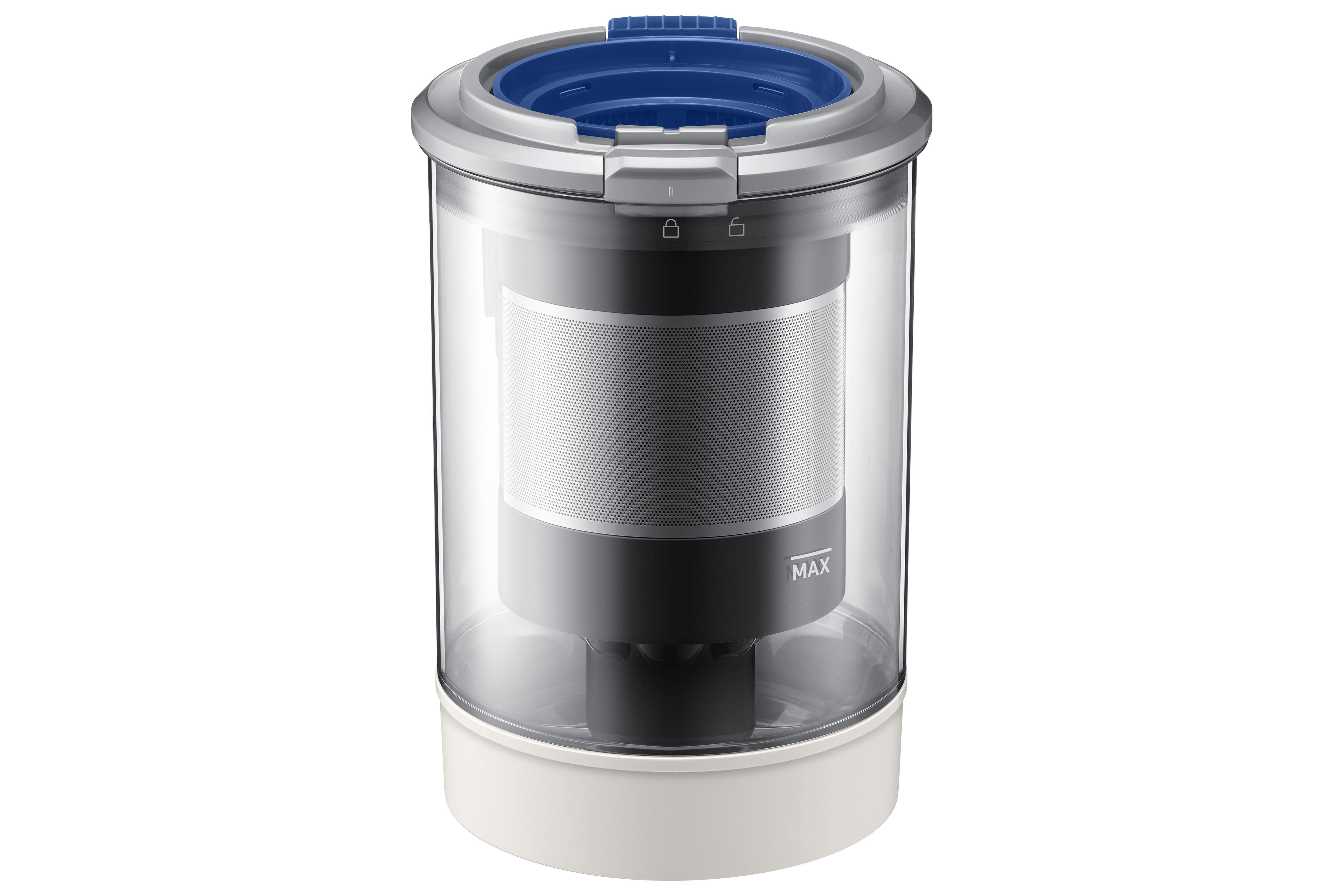 Transparenter Vakuumbehälter mit blauem Deckel, silberner Verkleidung und schwarzem Filter. Weißer Sockel.