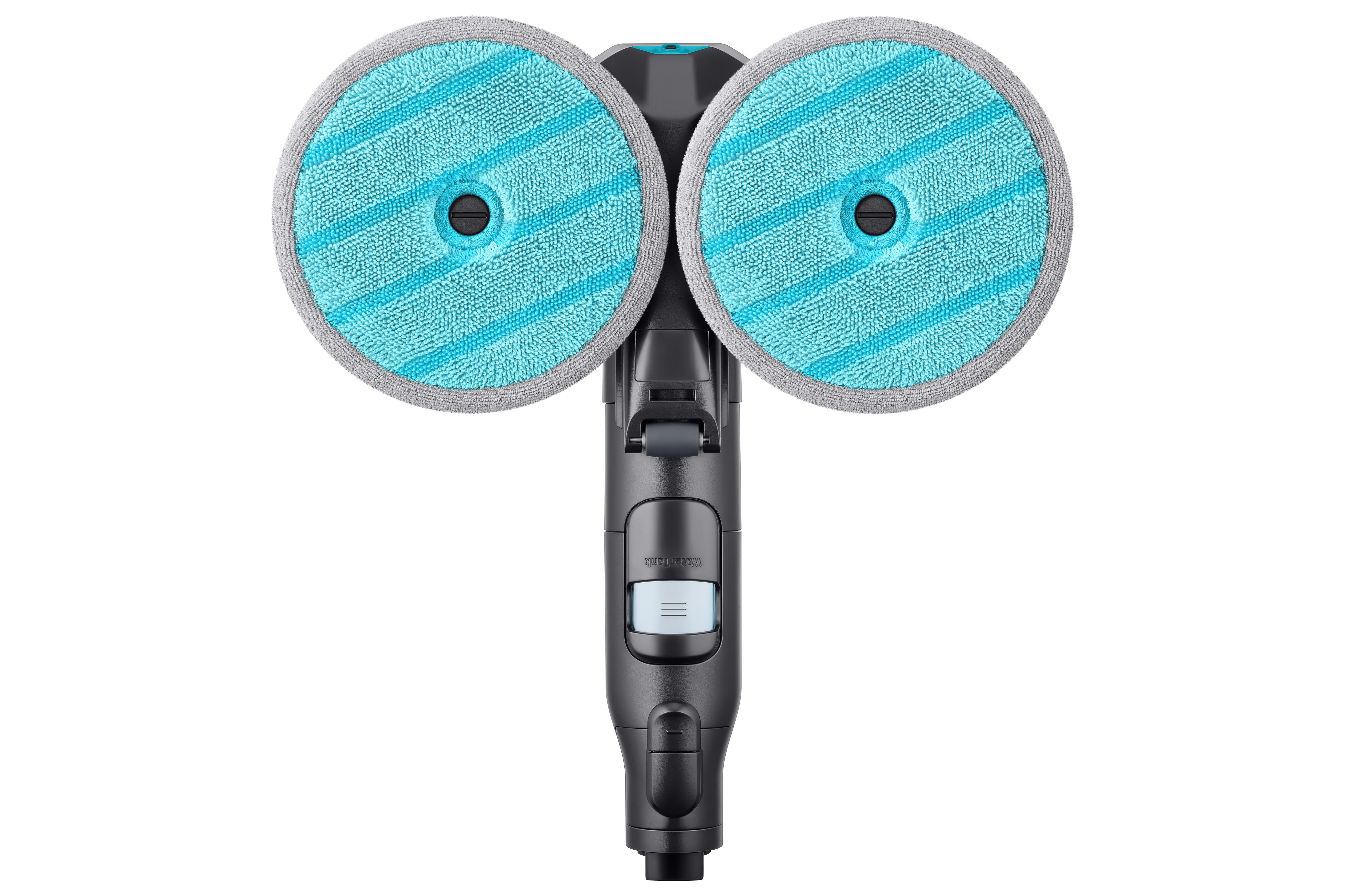 Ein schwarz-blauer Bodenreiniger mit zwei runden, blauen Reinigungspads. Der Griff ist mittig und hat einen Wassertank.