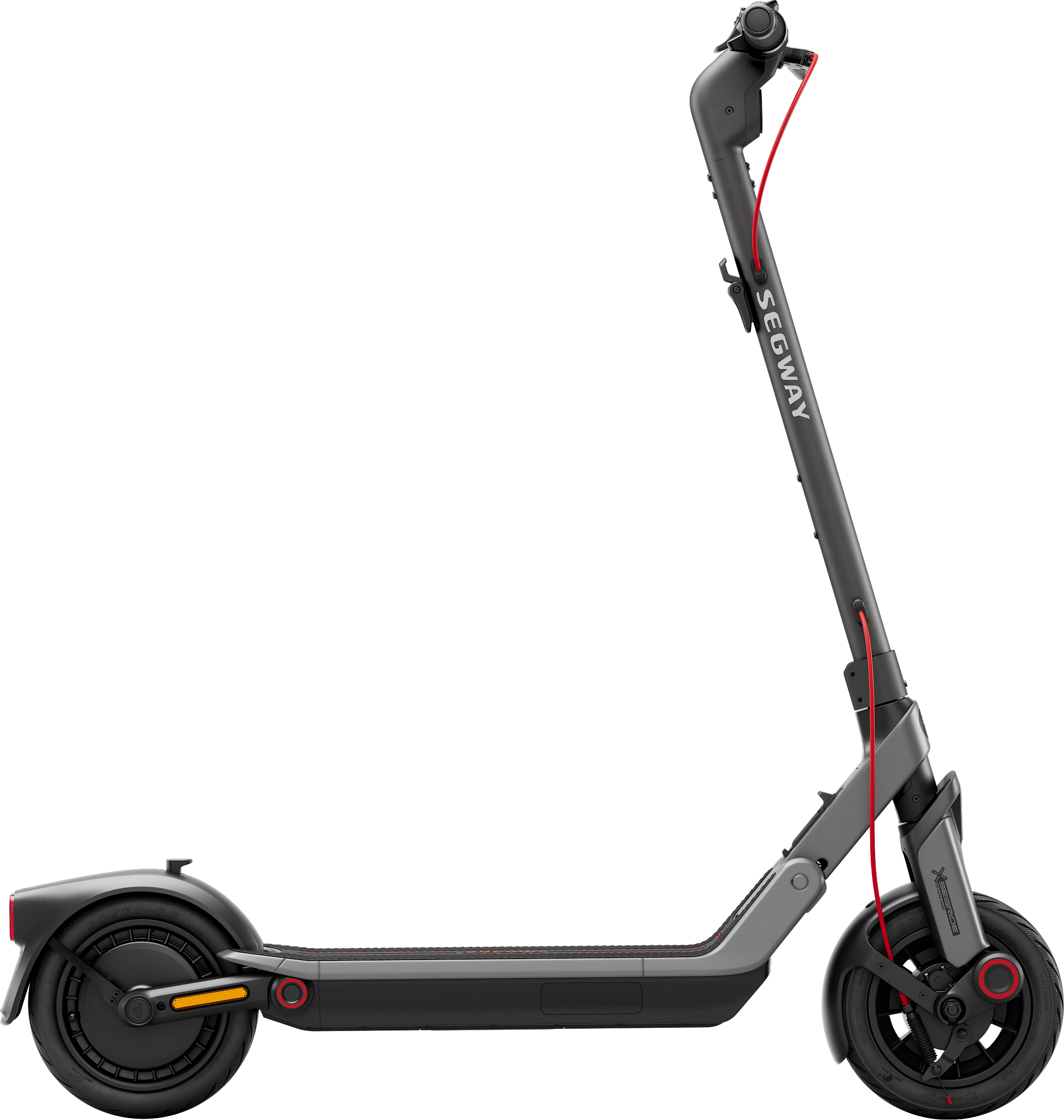 Egy Segway elektromos robogó látható. Szürke és fekete, piros díszítéssel, a márkanév látható.