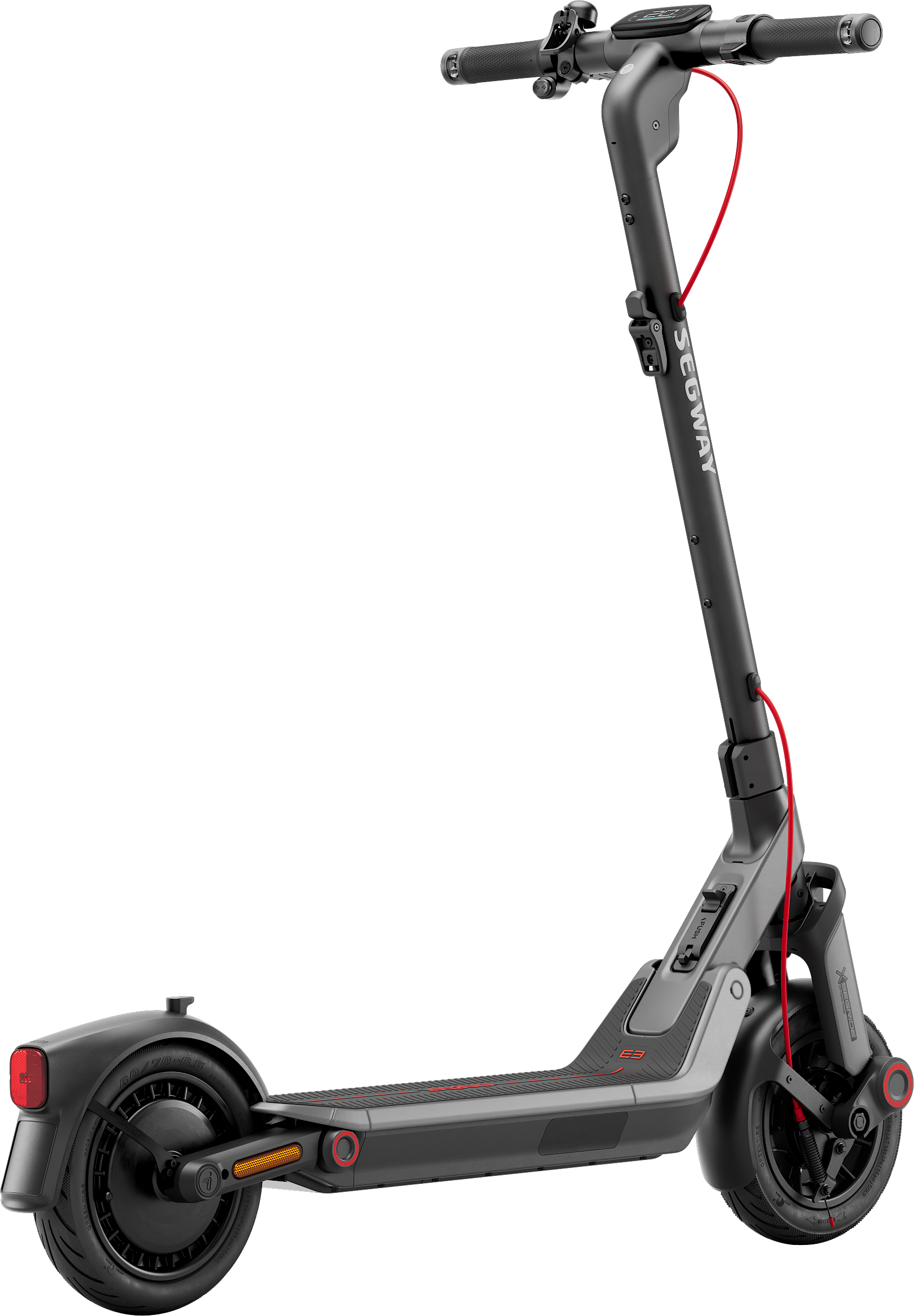 Egy fekete Segway E3 elektromos roller piros részletekkel, fekete háttér előtt. Piros kábel is látható.