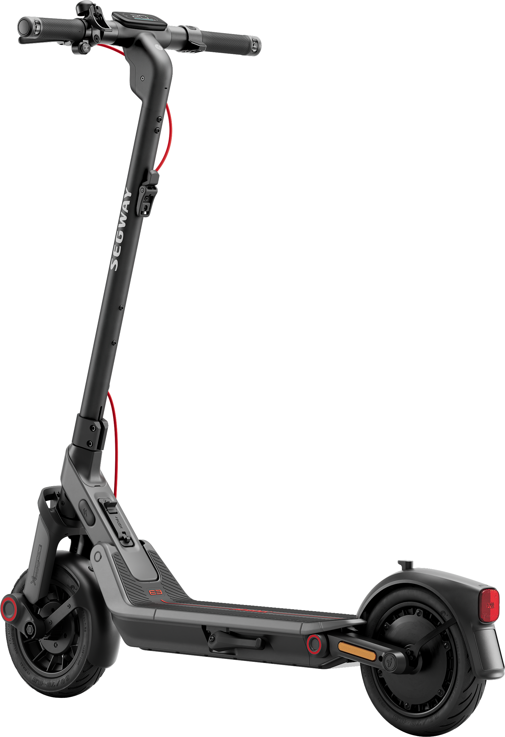 Fekete Segway E3 elektromos roller fekete háttérrel. Piros díszítések és részletek. A roller tökéletes.