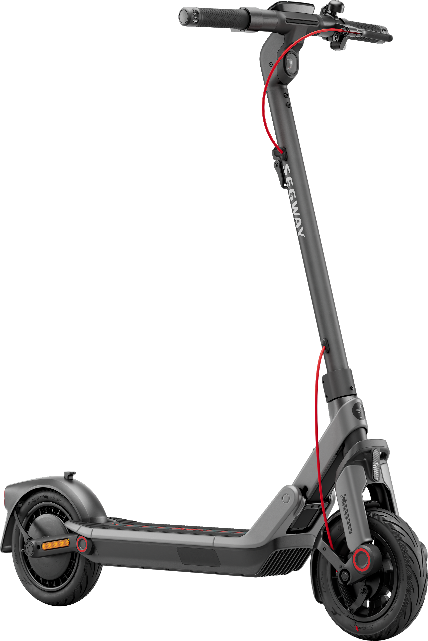 Egy szürke Segway elektromos roller piros kábellel fekete háttér előtt. A gumik feketék.