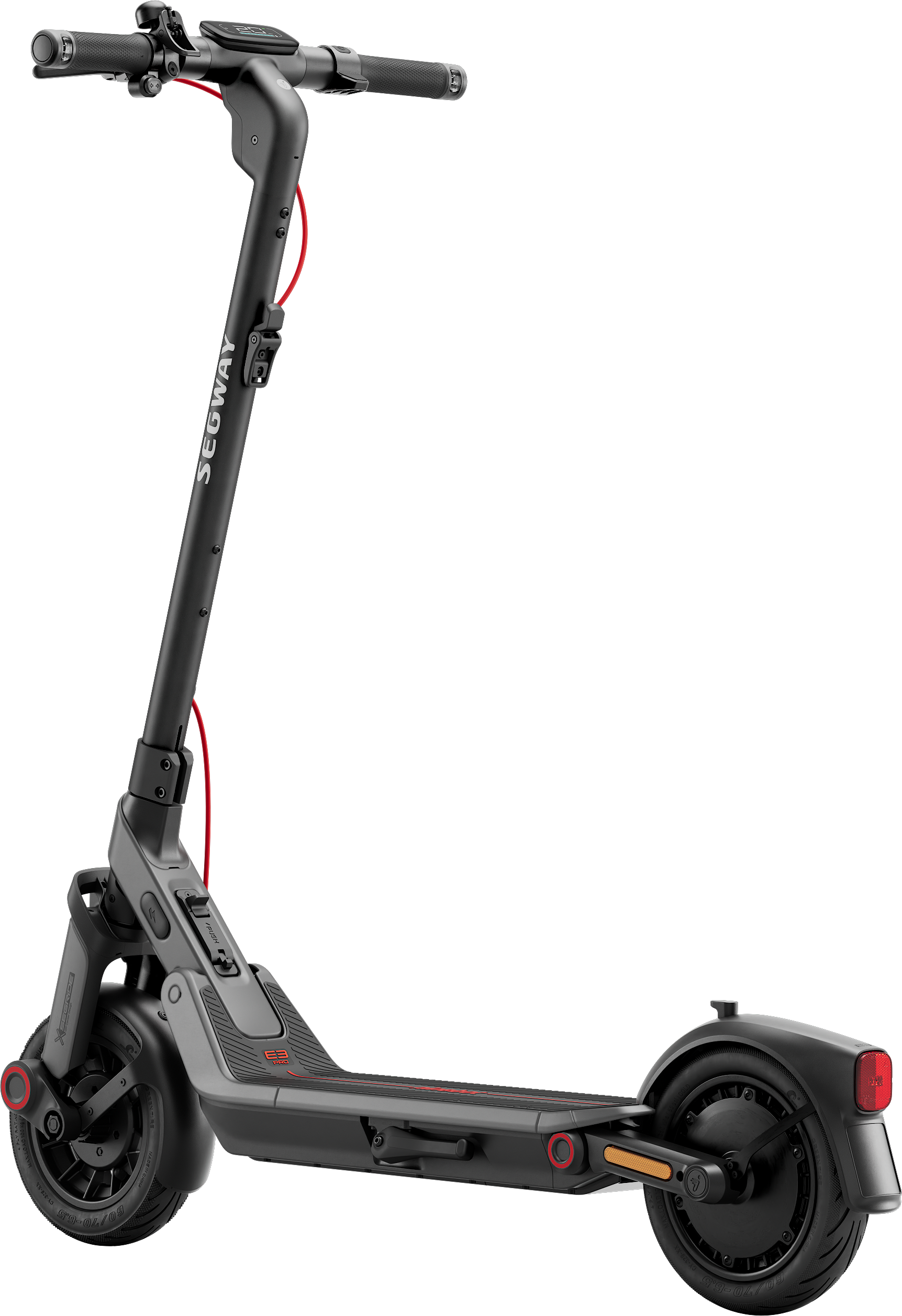 Fekete Segway E3 Pro robogó fekete háttéren. Piros díszítések és kábelek. Digitális kijelző a kormányon.