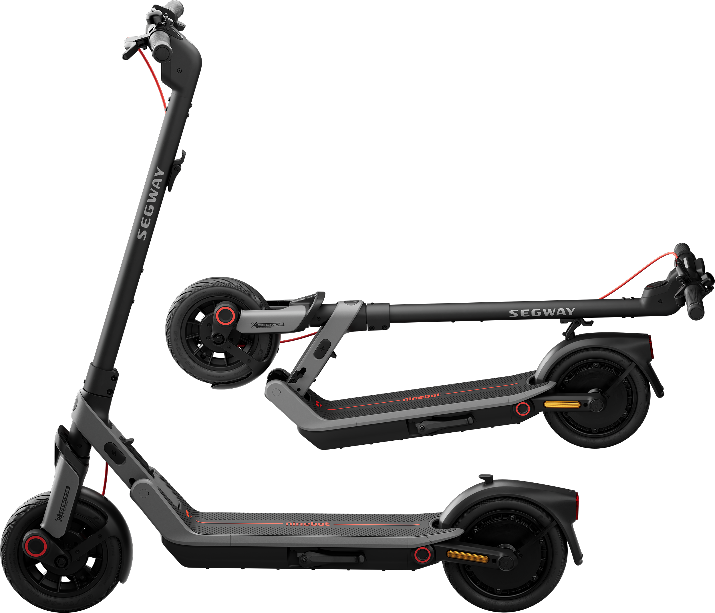 Két fekete Segway Ninebot robogó. Az egyik álló, a másik összehajtott. Mindkettő piros díszítéssel rendelkezik.