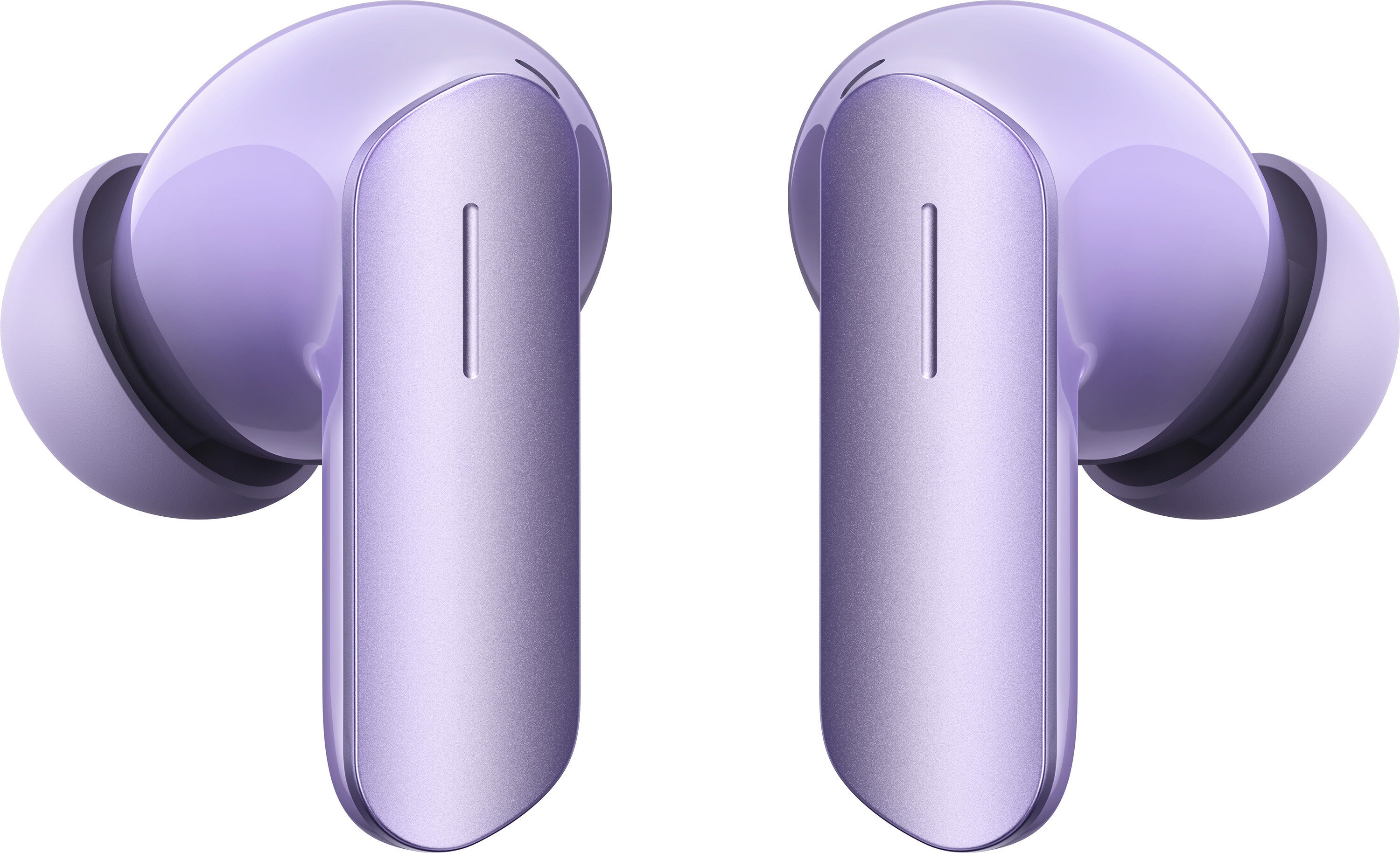 Dwa lawendowe bezprzewodowe słuchawki. Każda z nich ma zaokrągloną górę i prostokątny korpus. Białe tło.