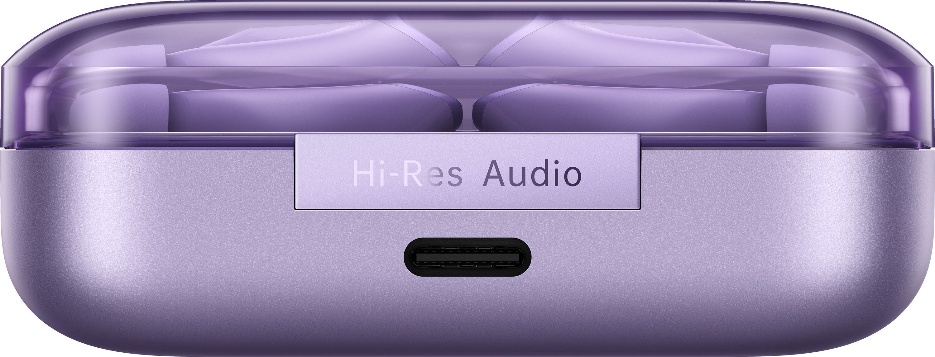 Liliowe etui na słuchawki z przezroczystą pokrywą. W środku znajdują się słuchawki. Etui ma etykietę 'Hi-Res Audio'.