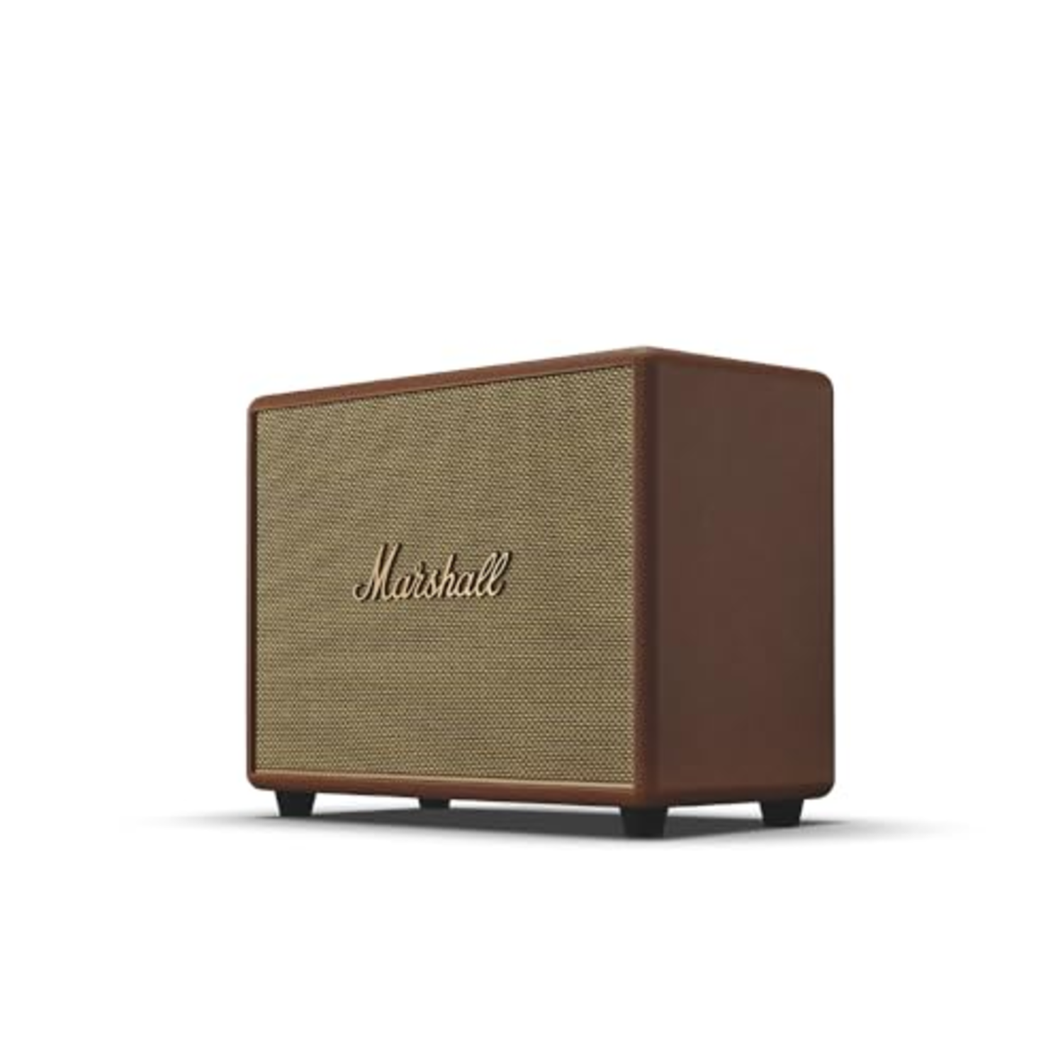 A brown Marshall speaker with a tan speaker grille. The Marshall logo is centered. The speaker sits on four small black feet.