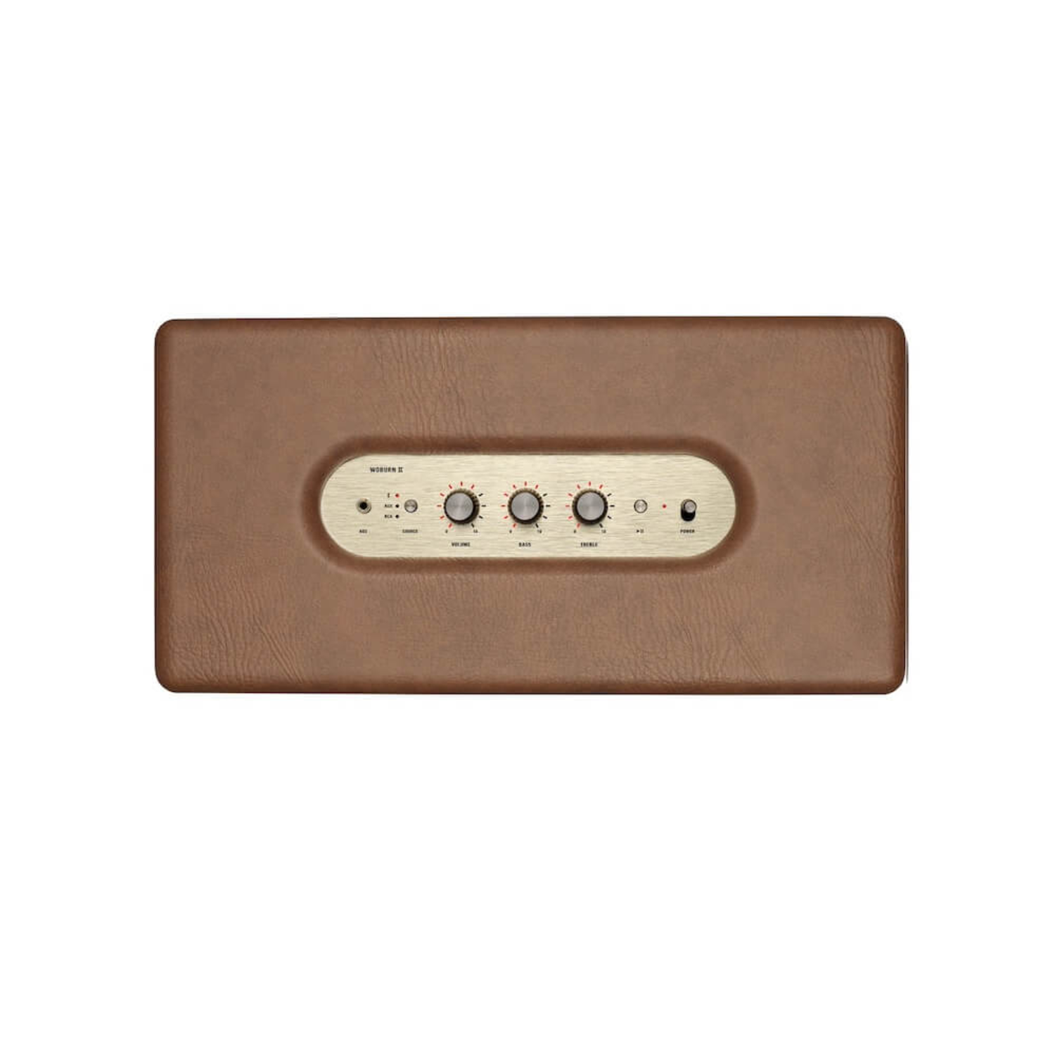 A brown Marshall speaker with gold accents. It has knobs for volume, bass, and treble, and a power button. The speaker is rectangular.