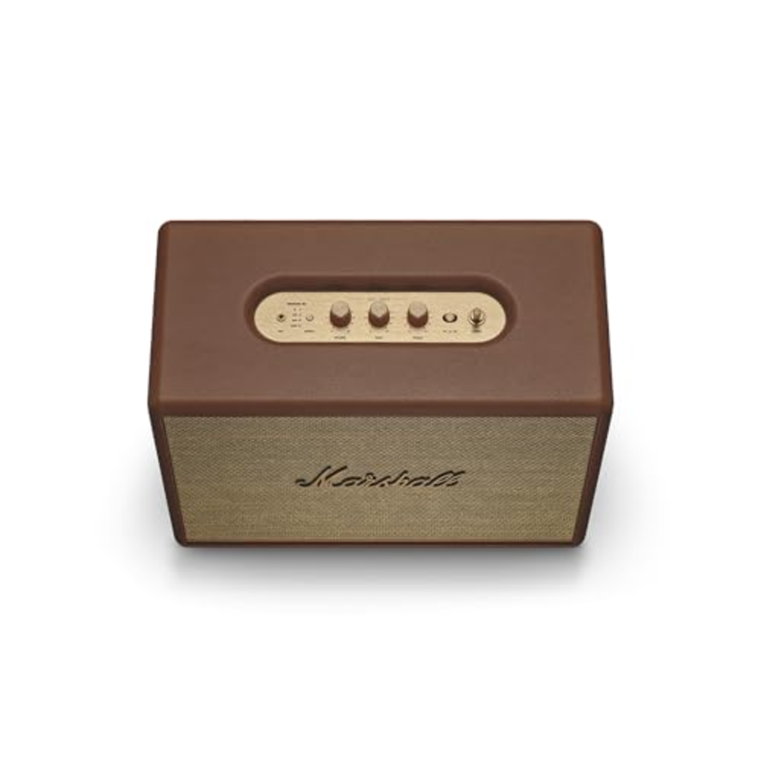 A brown Marshall speaker on a white background. It has gold knobs and a mesh front with the brand name.