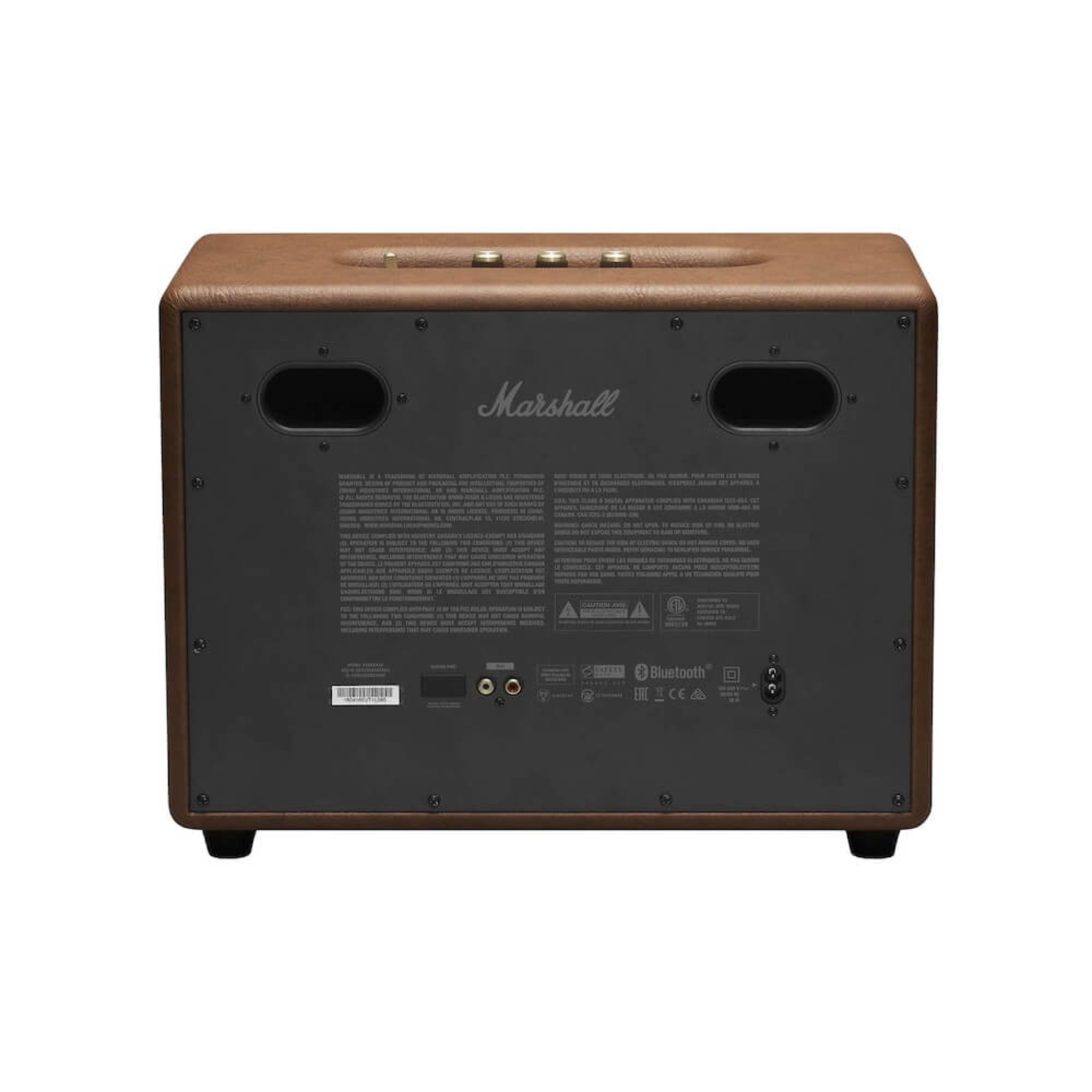A brown Marshall speaker, back view. It has a dark brown panel, two oval ports, and the Marshall logo. Various ports are visible.