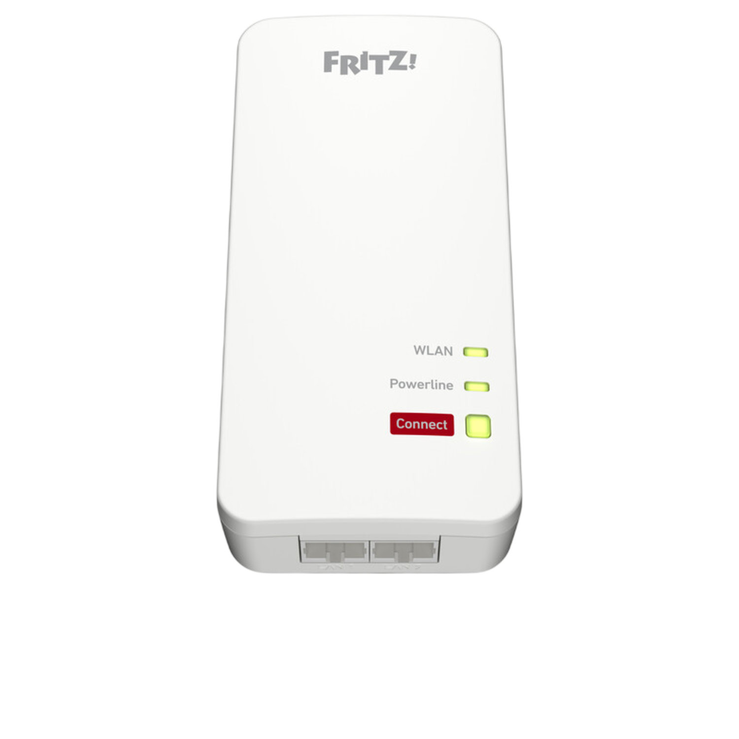 Un adaptateur CPL FRITZ! blanc avec des voyants verts et rouges. Il porte les étiquettes WLAN, Powerline et Connect.