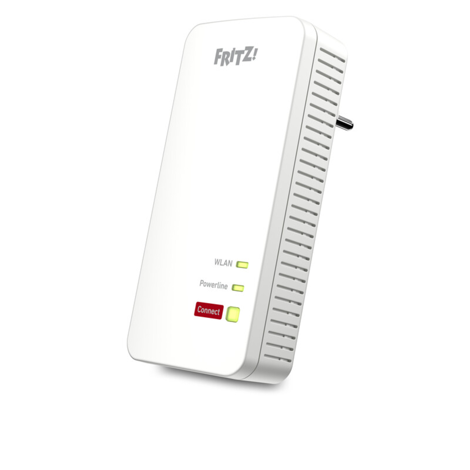 Un répéteur WLAN FRITZ! blanc avec des voyants verts et rouges. Il a une prise et le mot Connect est visible.