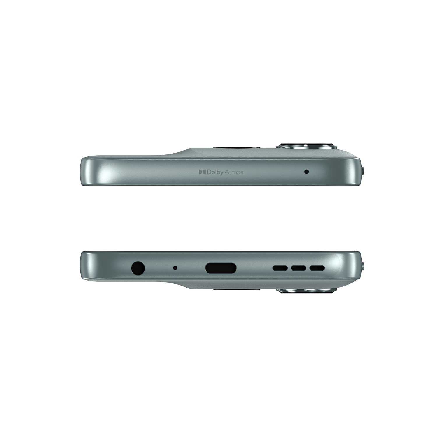 Dos vistas de un smartphone verde azulado. La parte superior muestra una cámara y el logotipo Dolby Atmos. La inferior muestra puertos y un altavoz.