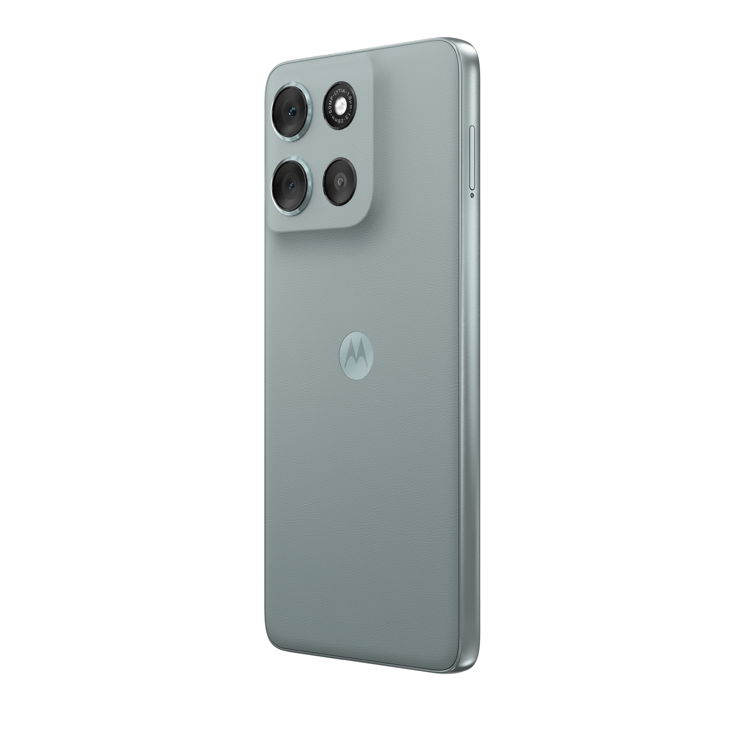 Un teléfono Motorola verde claro con cuatro cámaras traseras, una parte trasera texturizada y un marco plateado. El logotipo de Motorola es visible.