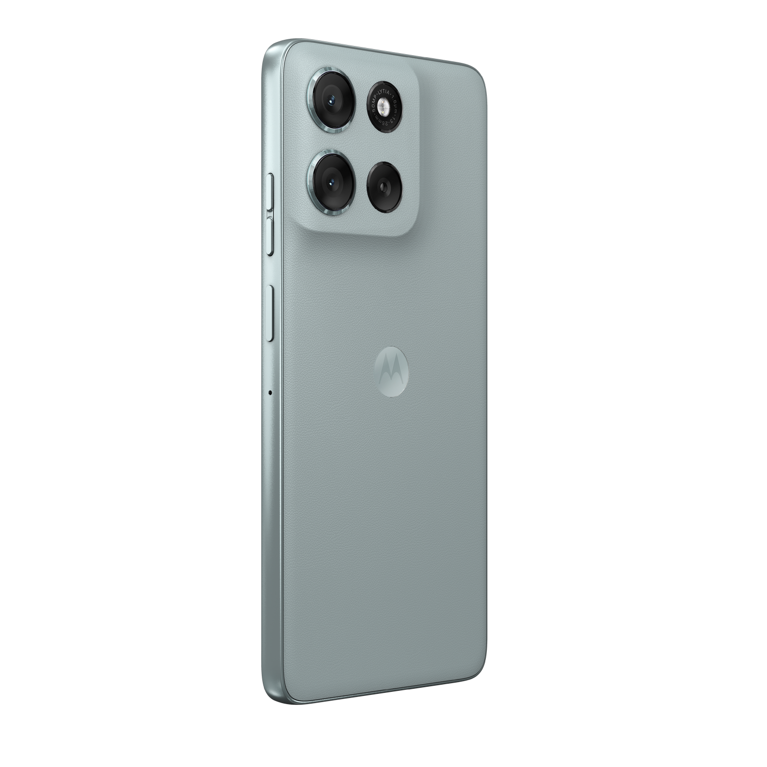 Un teléfono inteligente Motorola verde claro con una cámara de cuatro lentes. El teléfono está en ángulo, mostrando la parte trasera con el logotipo de Motorola.