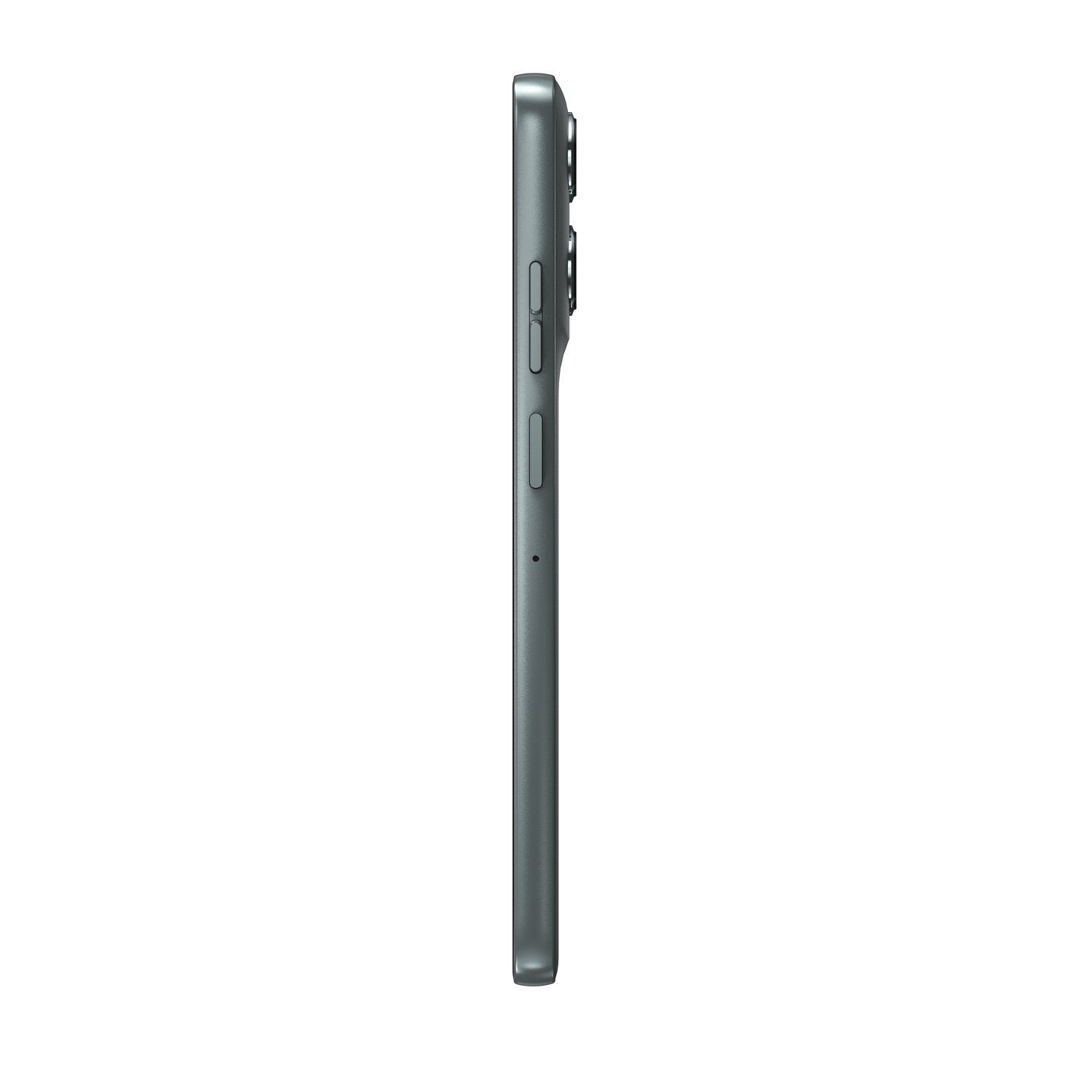 Vista lateral de un smartphone gris. Muestra botones, protuberancia de la cámara y un orificio para el micrófono. El fondo es gris liso.
