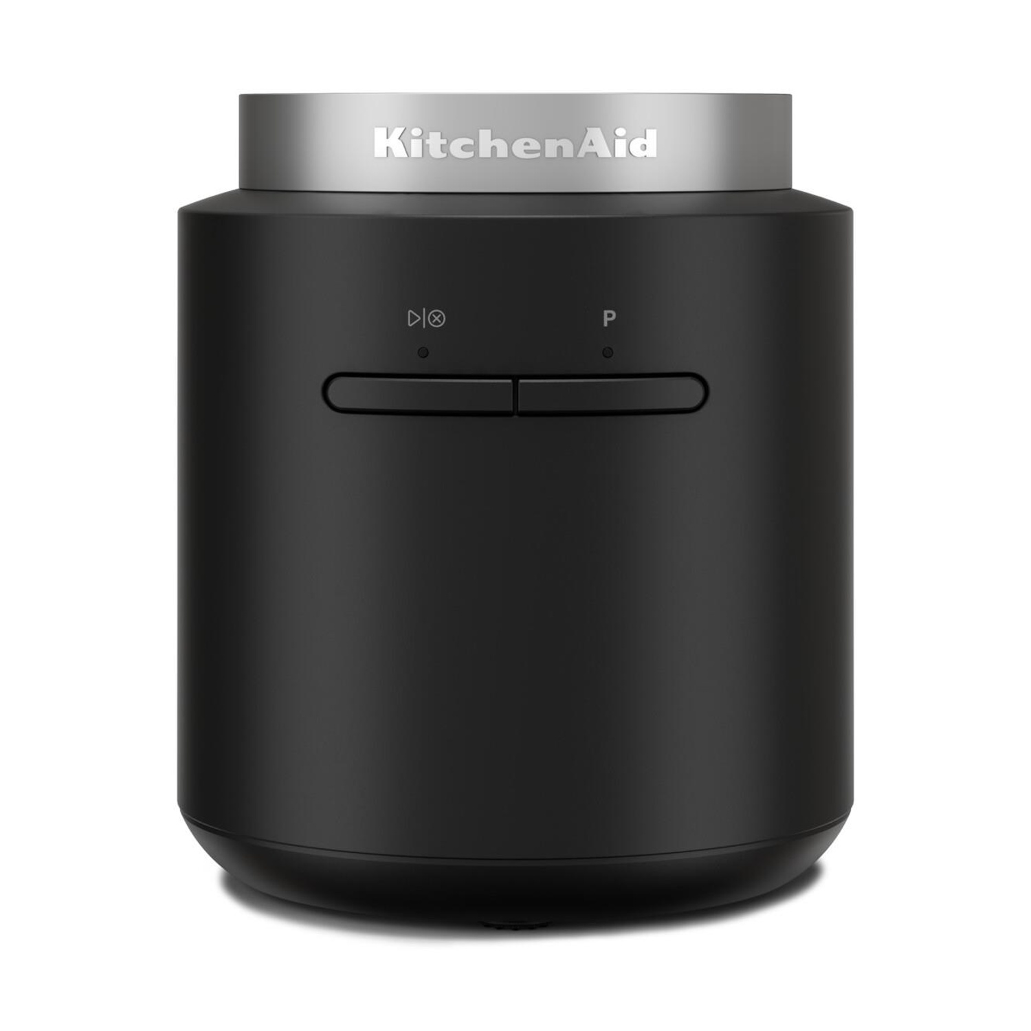 Un robot da cucina KitchenAid nero. Ha una parte superiore argentata con il logo KitchenAid e due pulsanti.