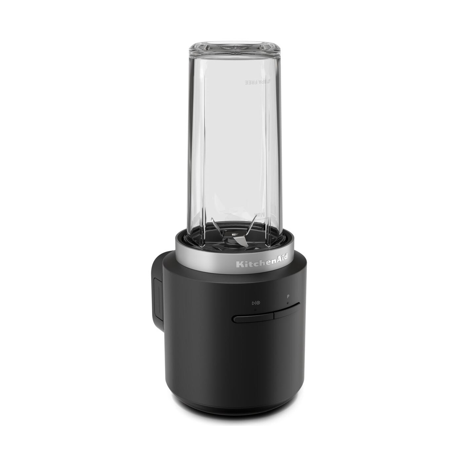 Un frullatore KitchenAid nero con un contenitore trasparente. È posizionato su una superficie bianca.