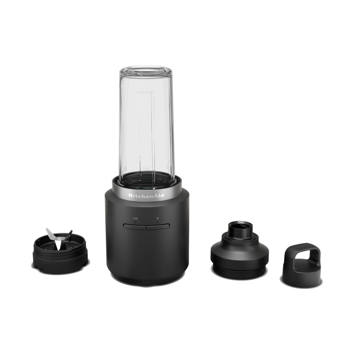 Parti di frullatore KitchenAid nere su una superficie bianca. Include la base con pulsanti, un barattolo trasparente e diverse parti smontate.