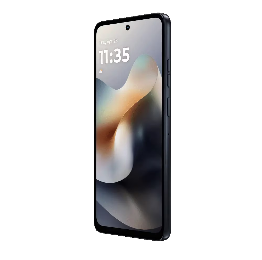Un smartphone azul oscuro, ligeramente angulado. La pantalla muestra la fecha y hora. El fondo es negro.