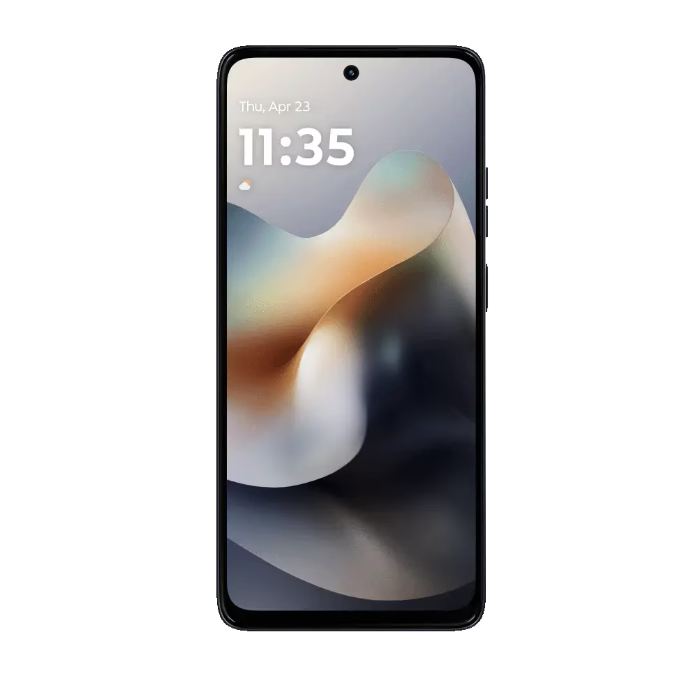 Un smartphone muestra la hora y la fecha. La pantalla tiene un diseño de remolino en tonos grises, marrones y blancos.