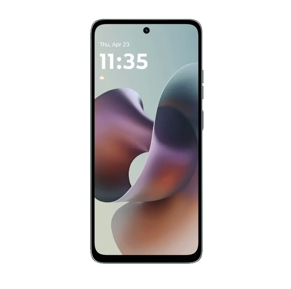 Un smartphone muestra la hora 11:35 y la fecha. La pantalla presenta formas abstractas de ondas en tonos morados y naranja.