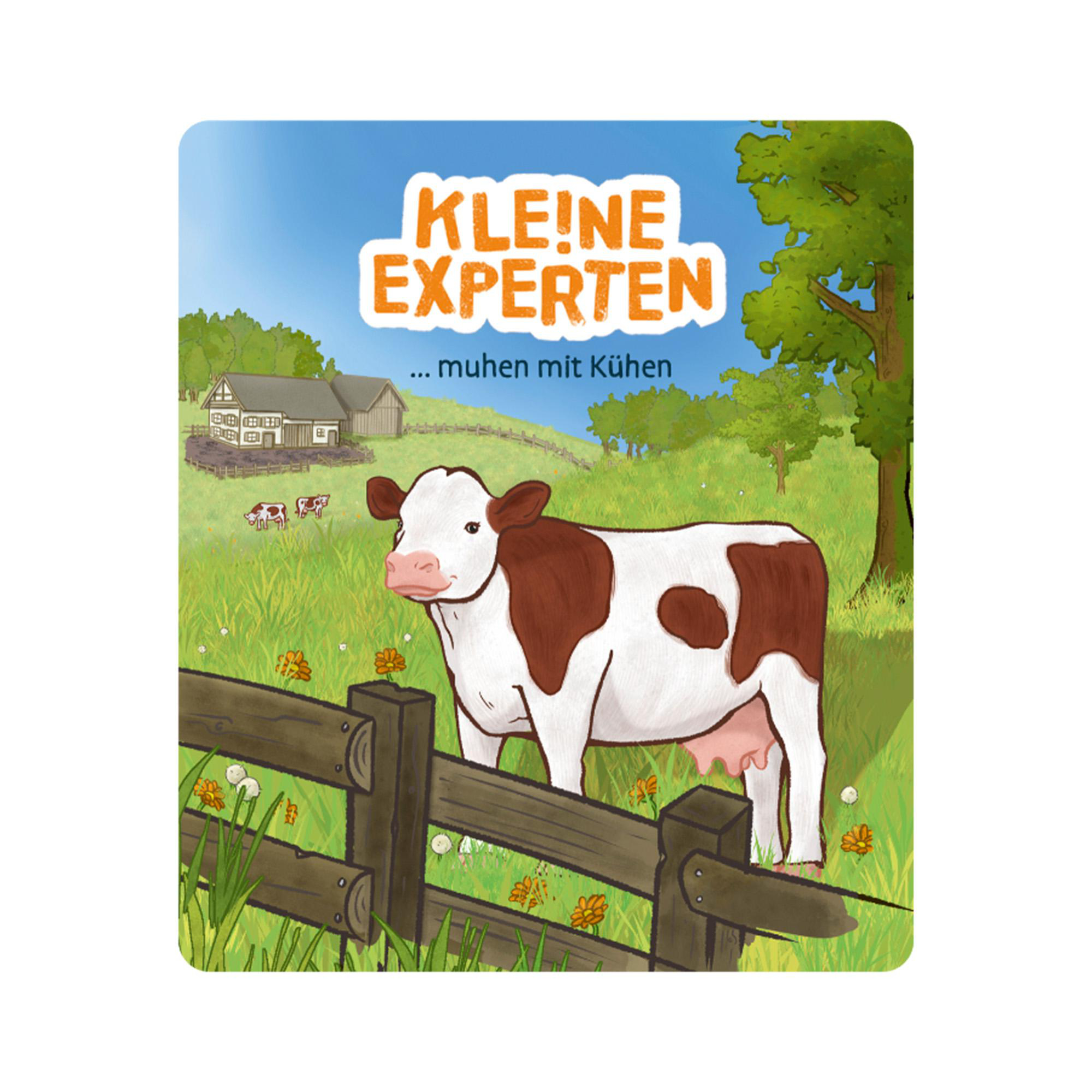 Illustration einer Kuh mit braunen und weißen Flecken auf einer Wiese. Im Hintergrund ein Zaun und Bauernhäuser. Der Himmel ist blau.
