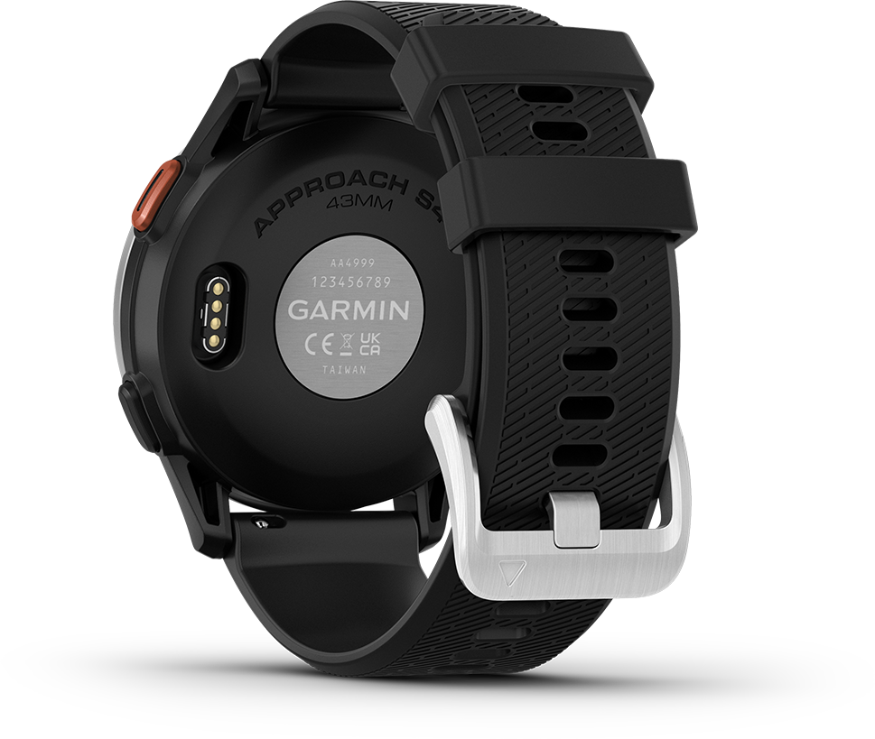 Fekete Garmin Approach S4 óra. Fekete szíjjal, ezüst csattal. Narancssárga gomb az oldalán.