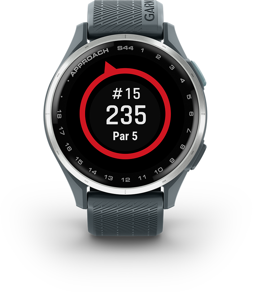 Egy Garmin golfóra a 15. lyukat, 235 yardot, Par 5-öt mutatja. Az óra szürke, fekete képernyővel és piros körrel.